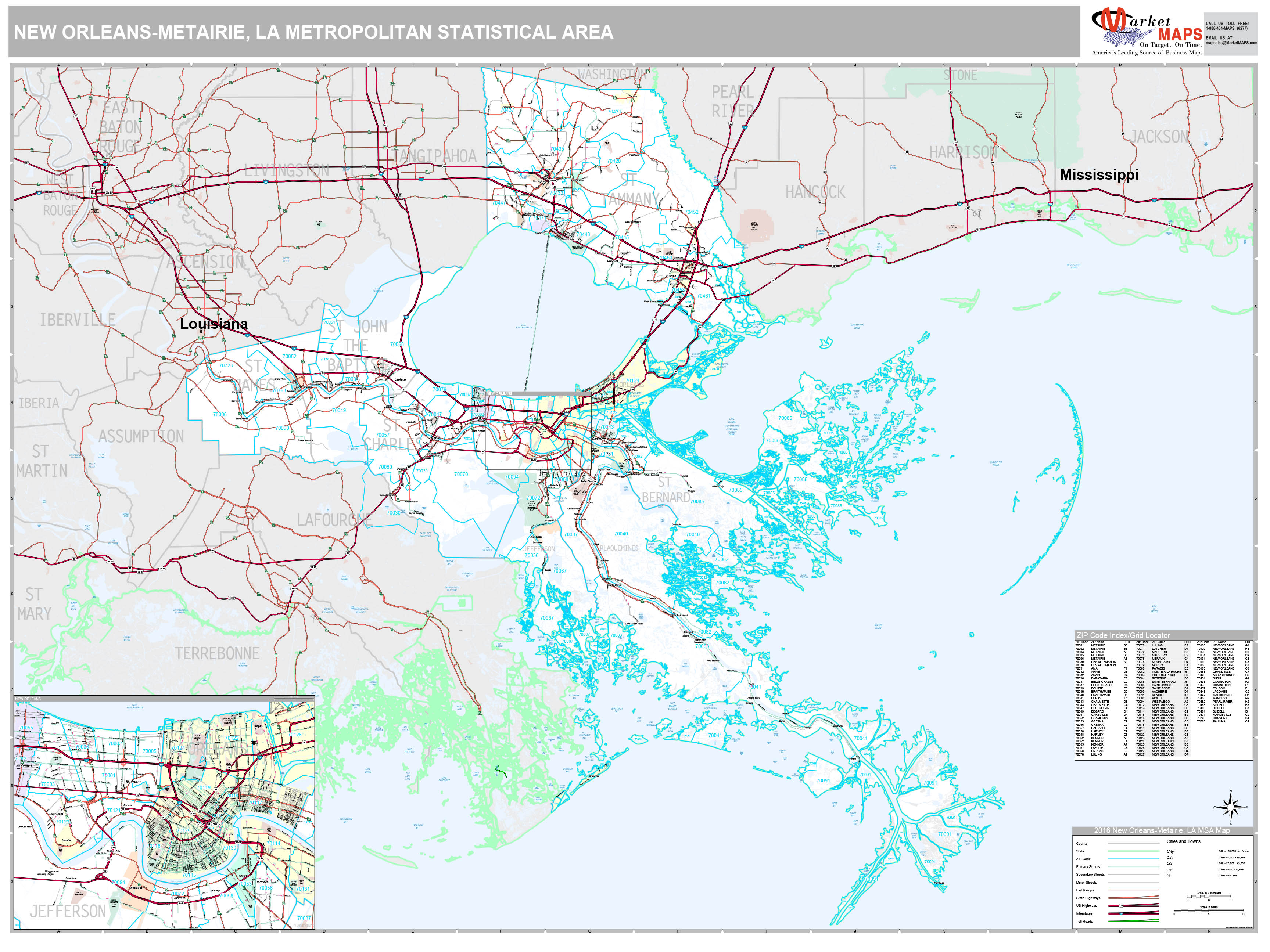 New Orleans-Metairie, LA Metro Area Wall Map Premium Style by MarketMAPS