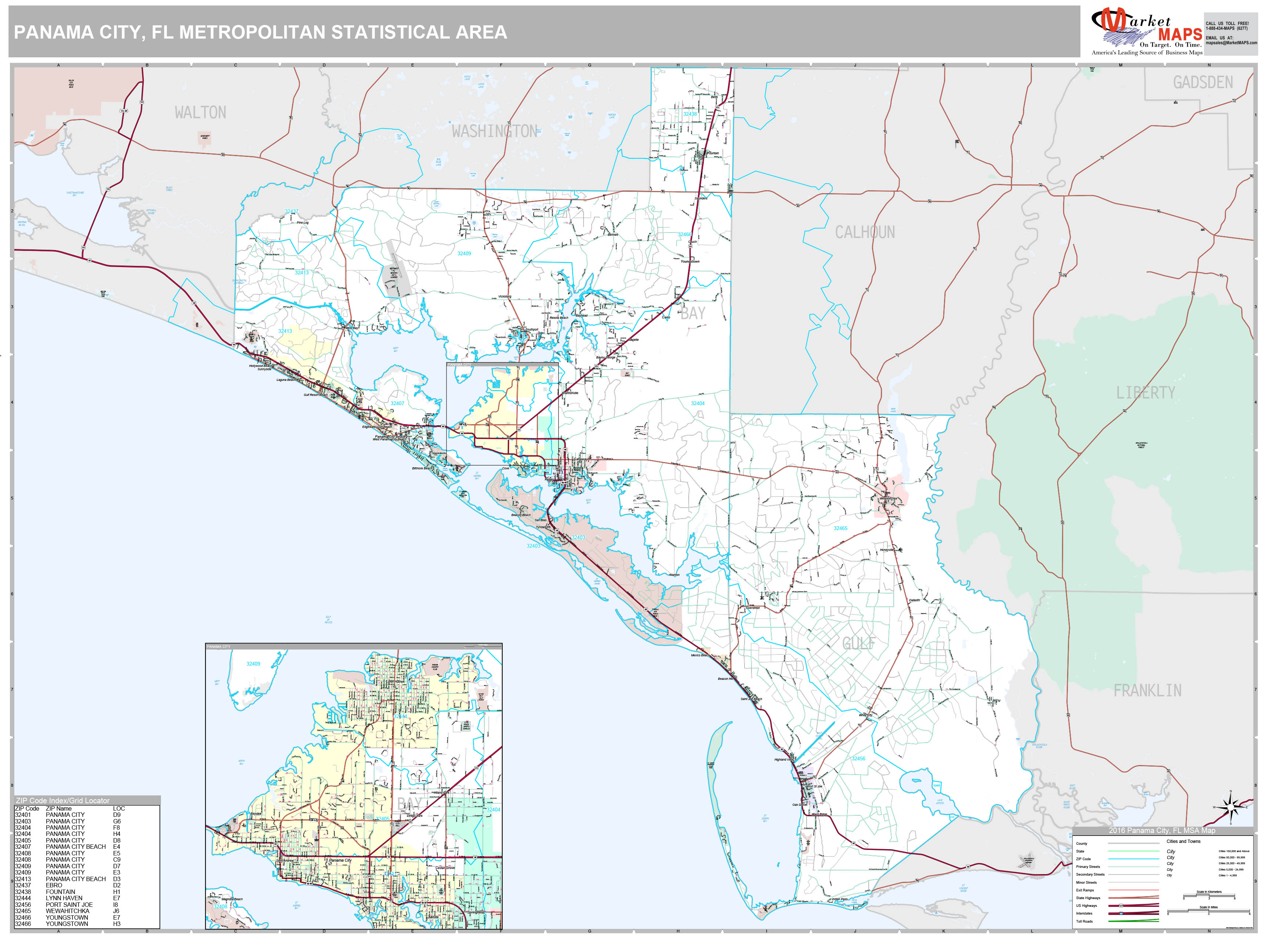 Panama City, FL Metro Area Wall Map Premium Style by MarketMAPS - MapSales