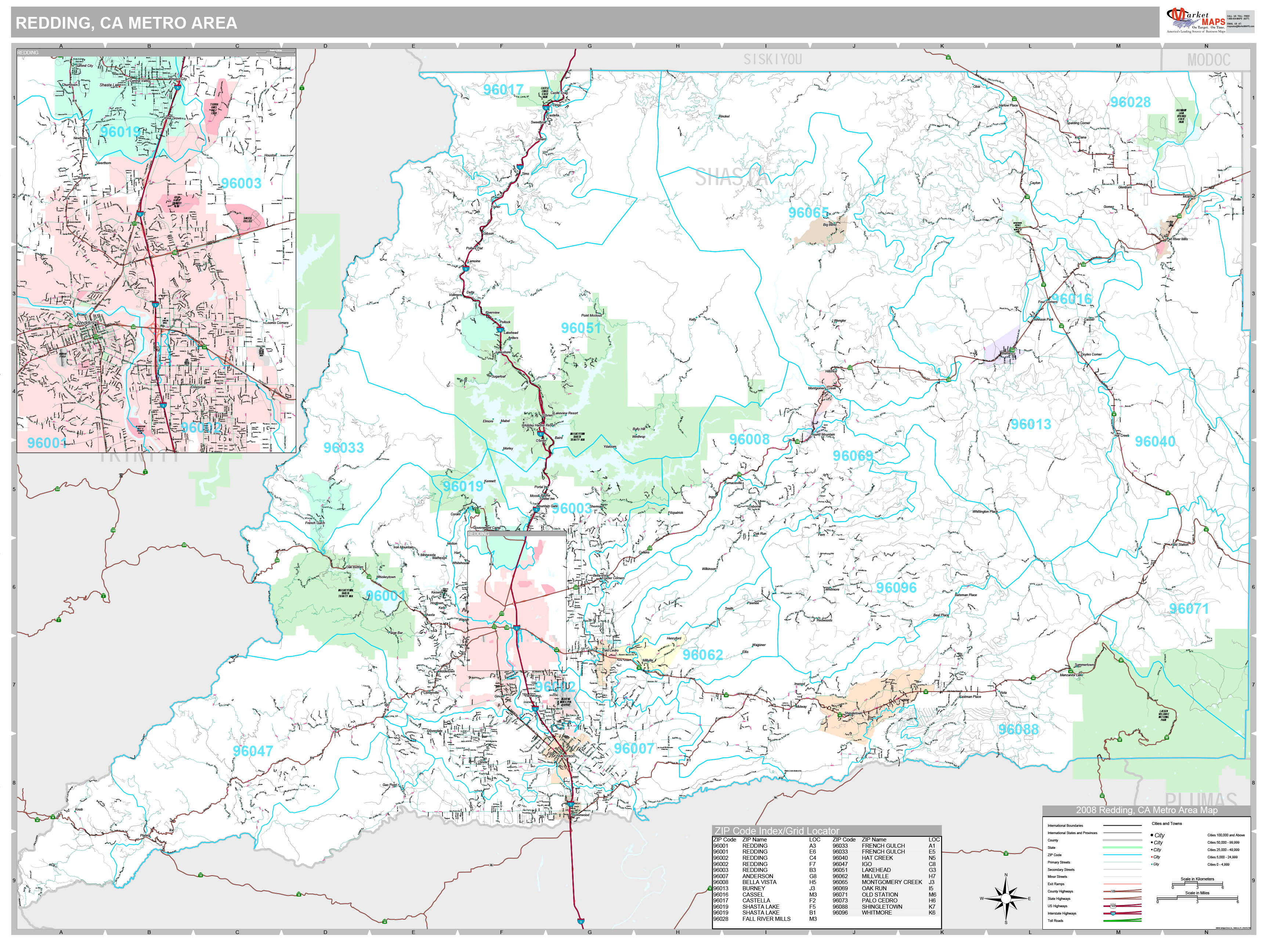 Redding, CA Metro Area Wall Map Premium Style by MarketMAPS MapSales