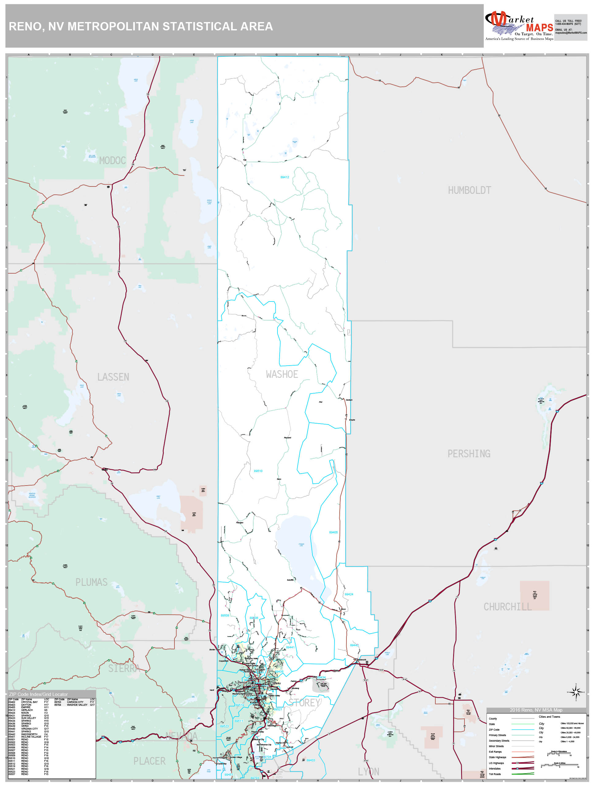 Reno, NV Metro Area Wall Map Premium Style by MarketMAPS MapSales