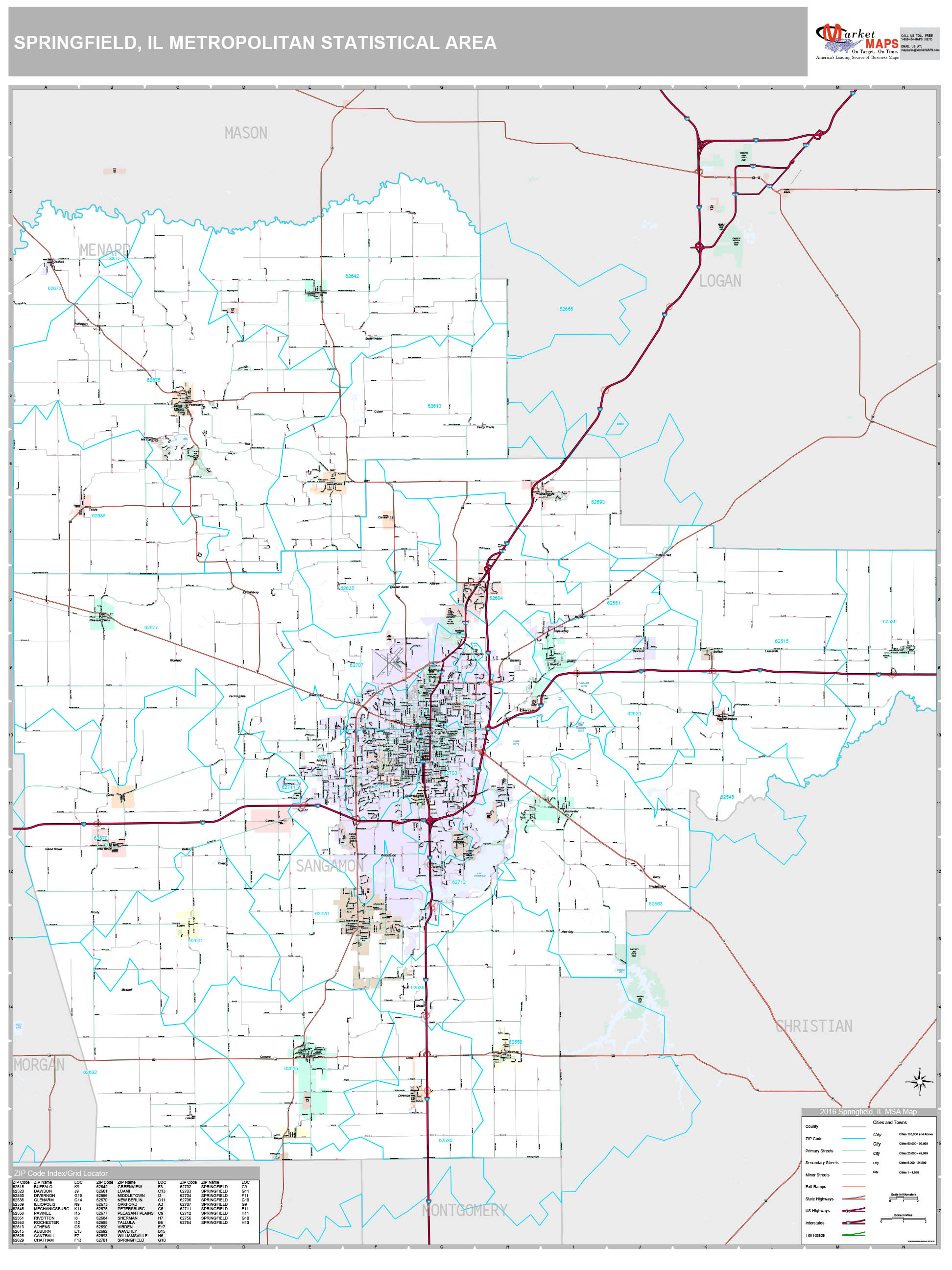 Springfield, IL Metro Area Wall Map Premium Style by MarketMAPS