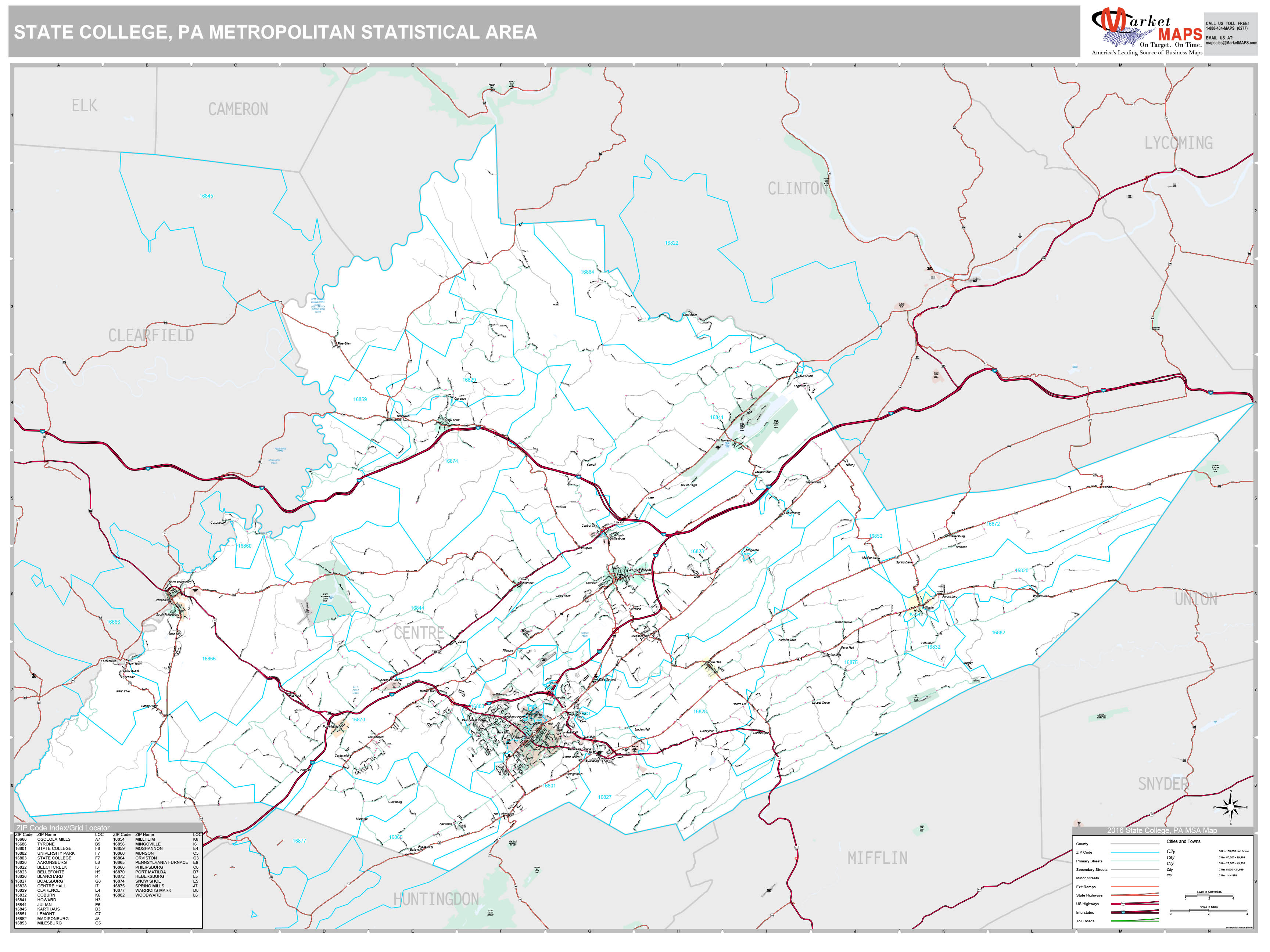 State College, PA Metro Area Wall Map Premium Style by MarketMAPS