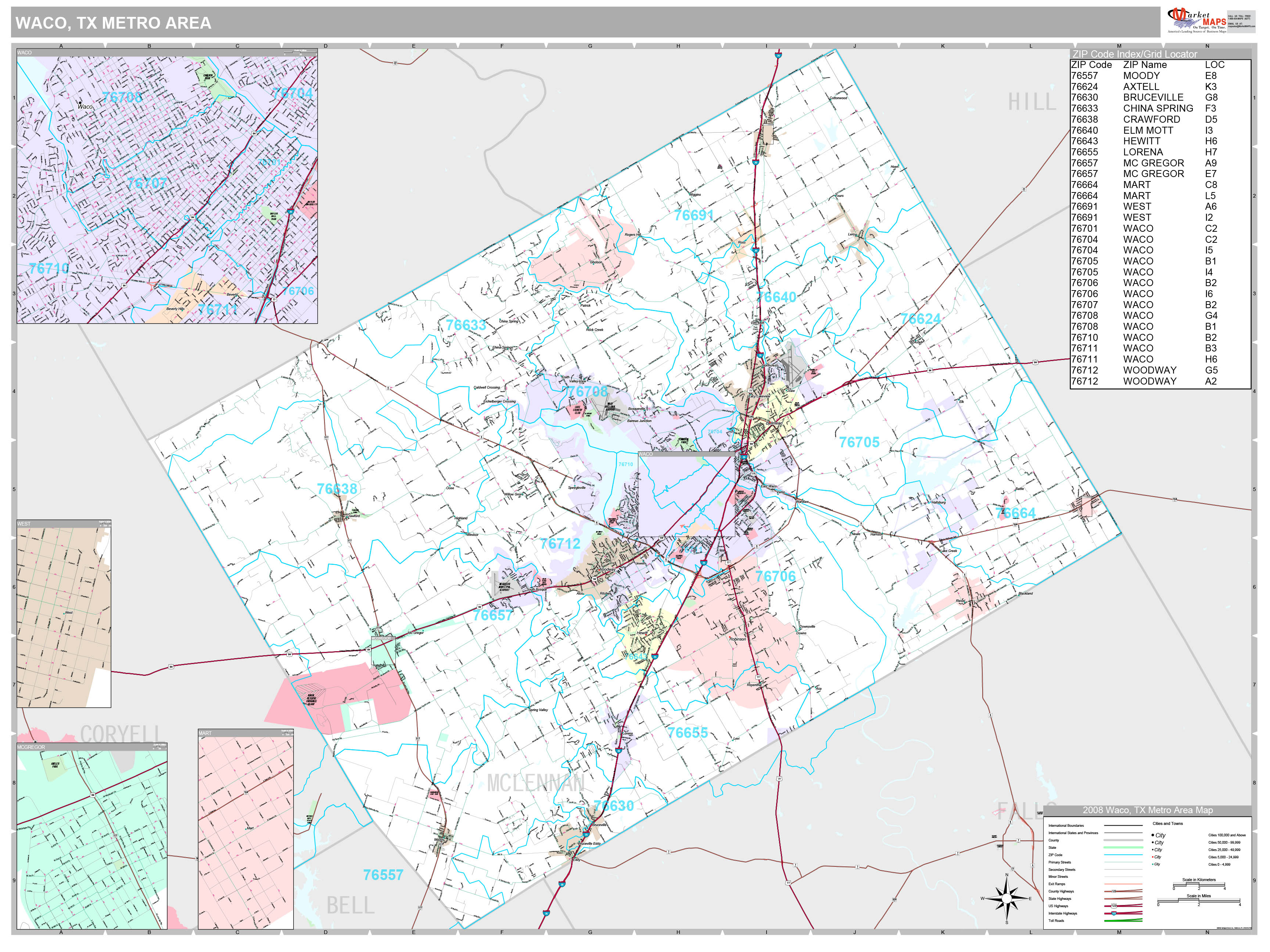 Waco, TX Metro Area Wall Map Premium Style by MarketMAPS - MapSales.com