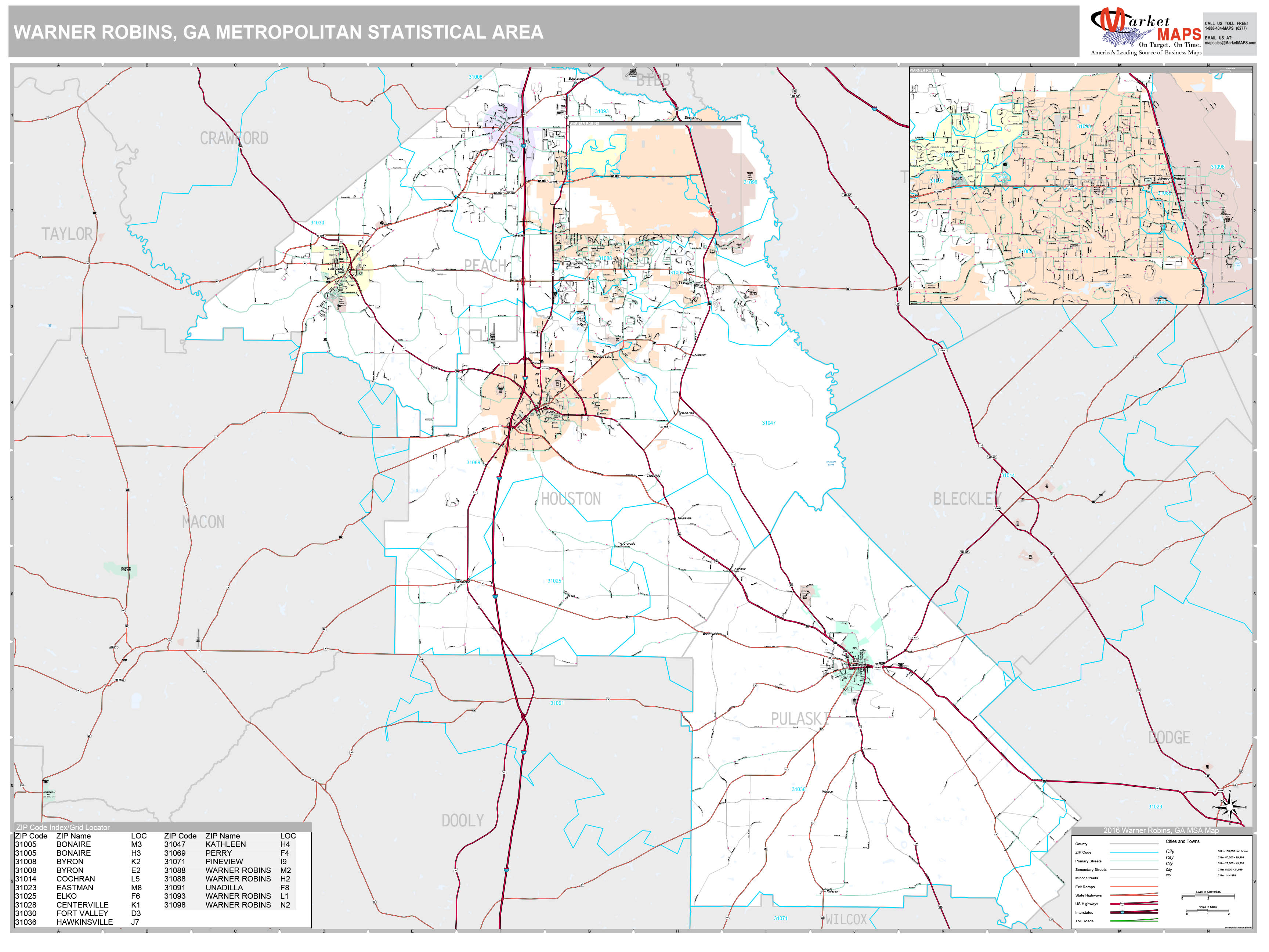 Warner Robins Ga Metro Area Wall Map Premium Style By Marketmaps 9207