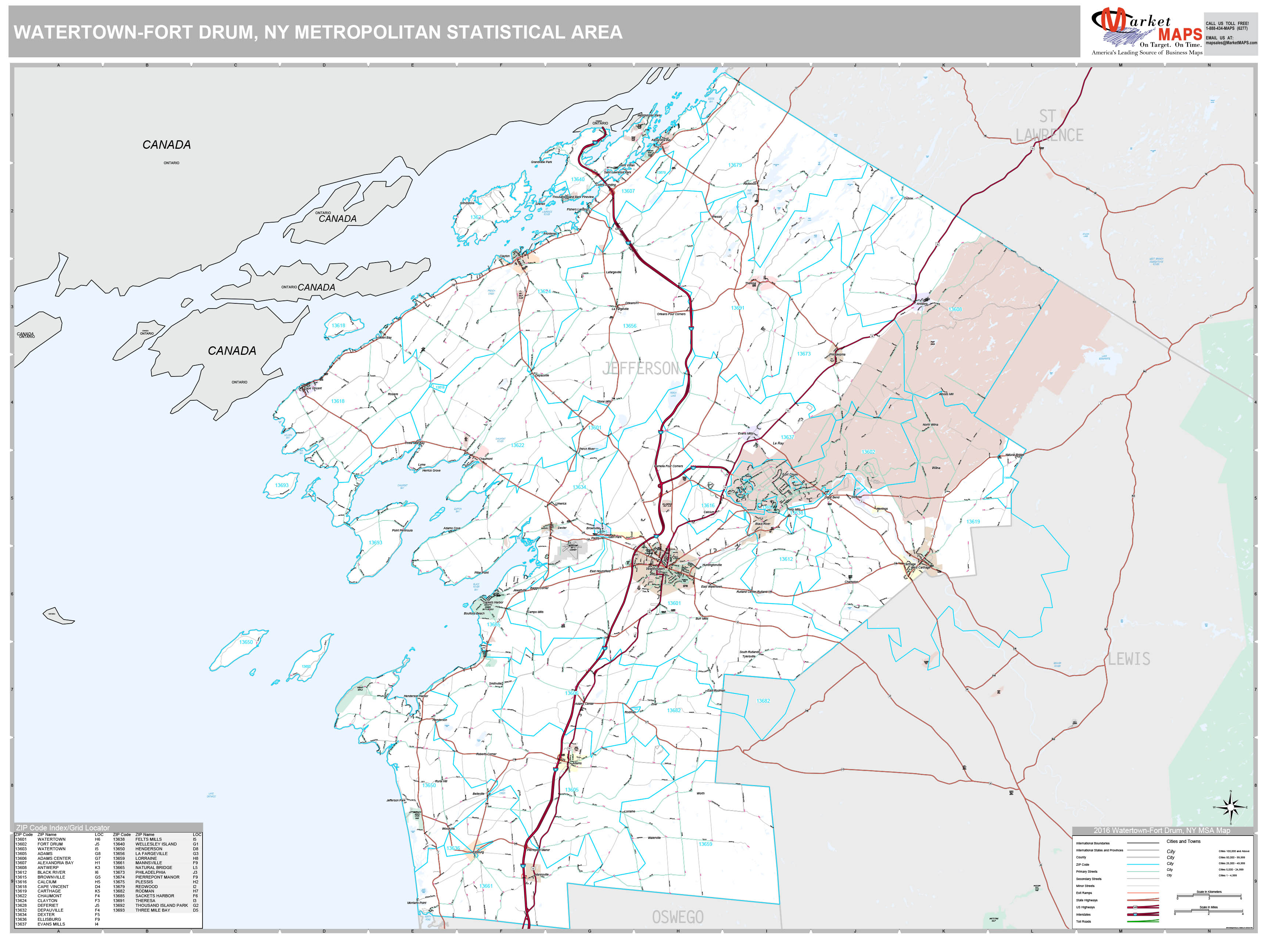 WatertownFort Drum, NY Metro Area Wall Map Premium Style by MarketMAPS