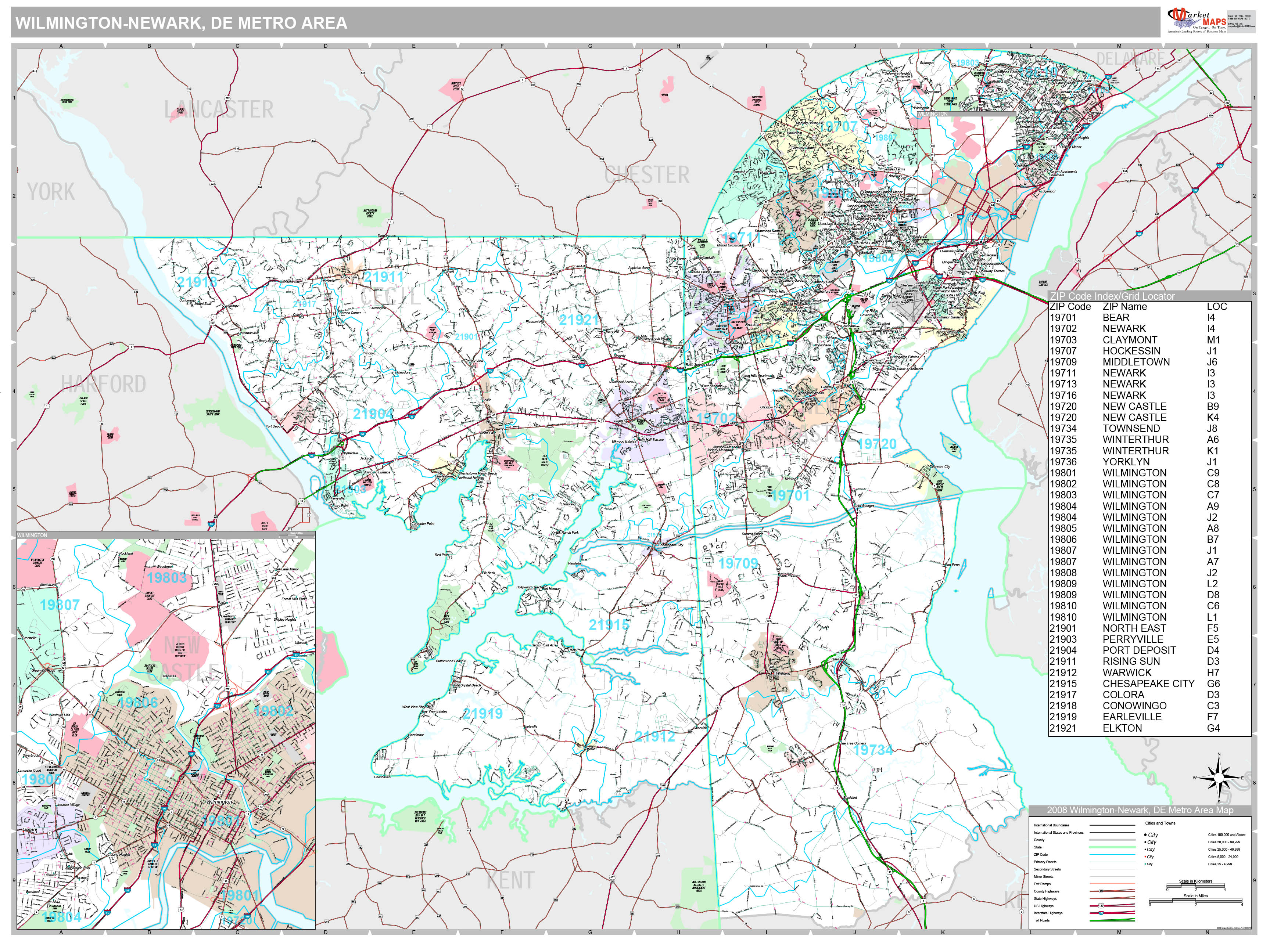 Wilmington-Newark, DE Metro Area Wall Map Premium Style by MarketMAPS ...