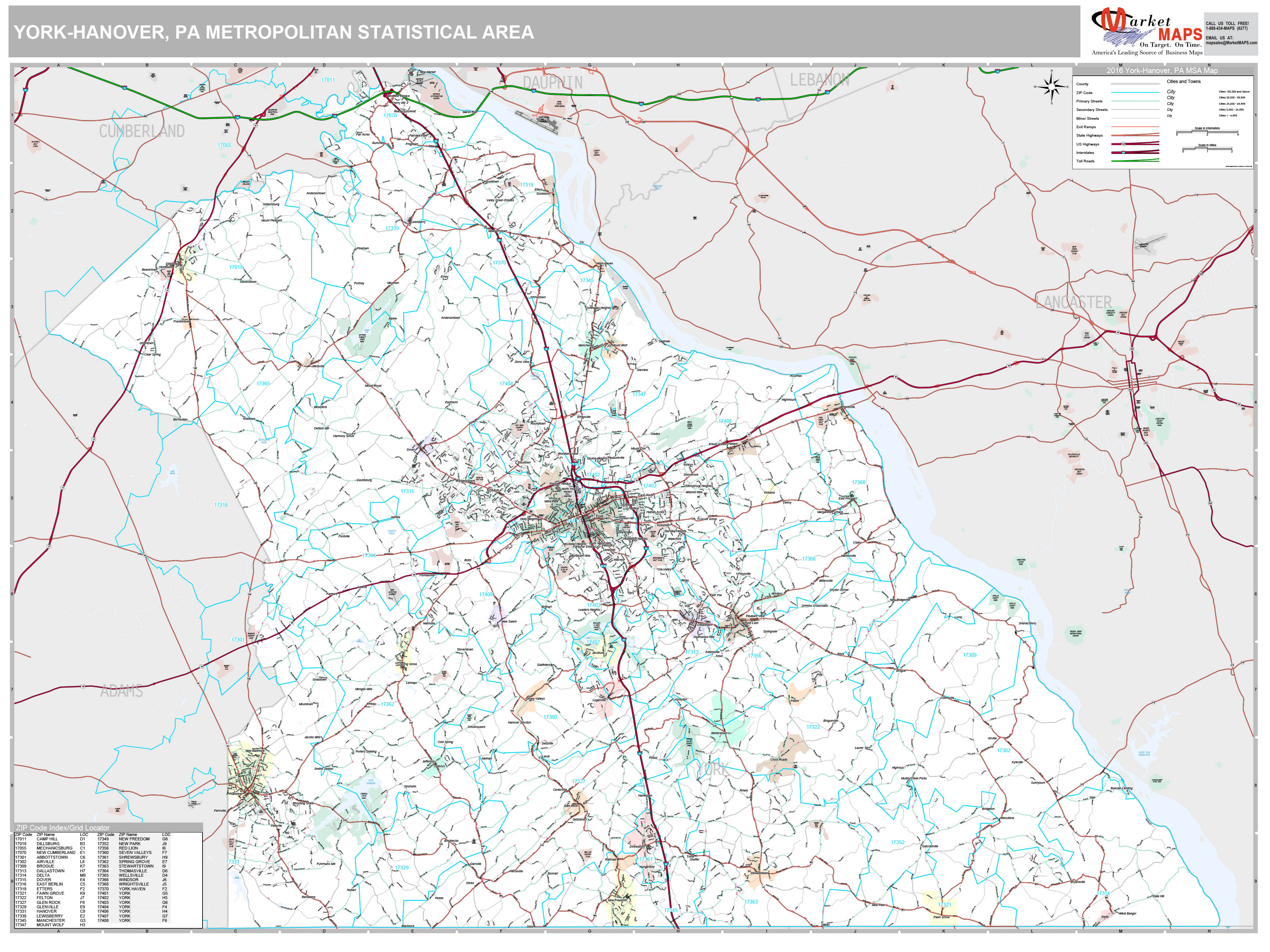 York-Hanover, PA Metro Area Wall Map Premium Style by MarketMAPS