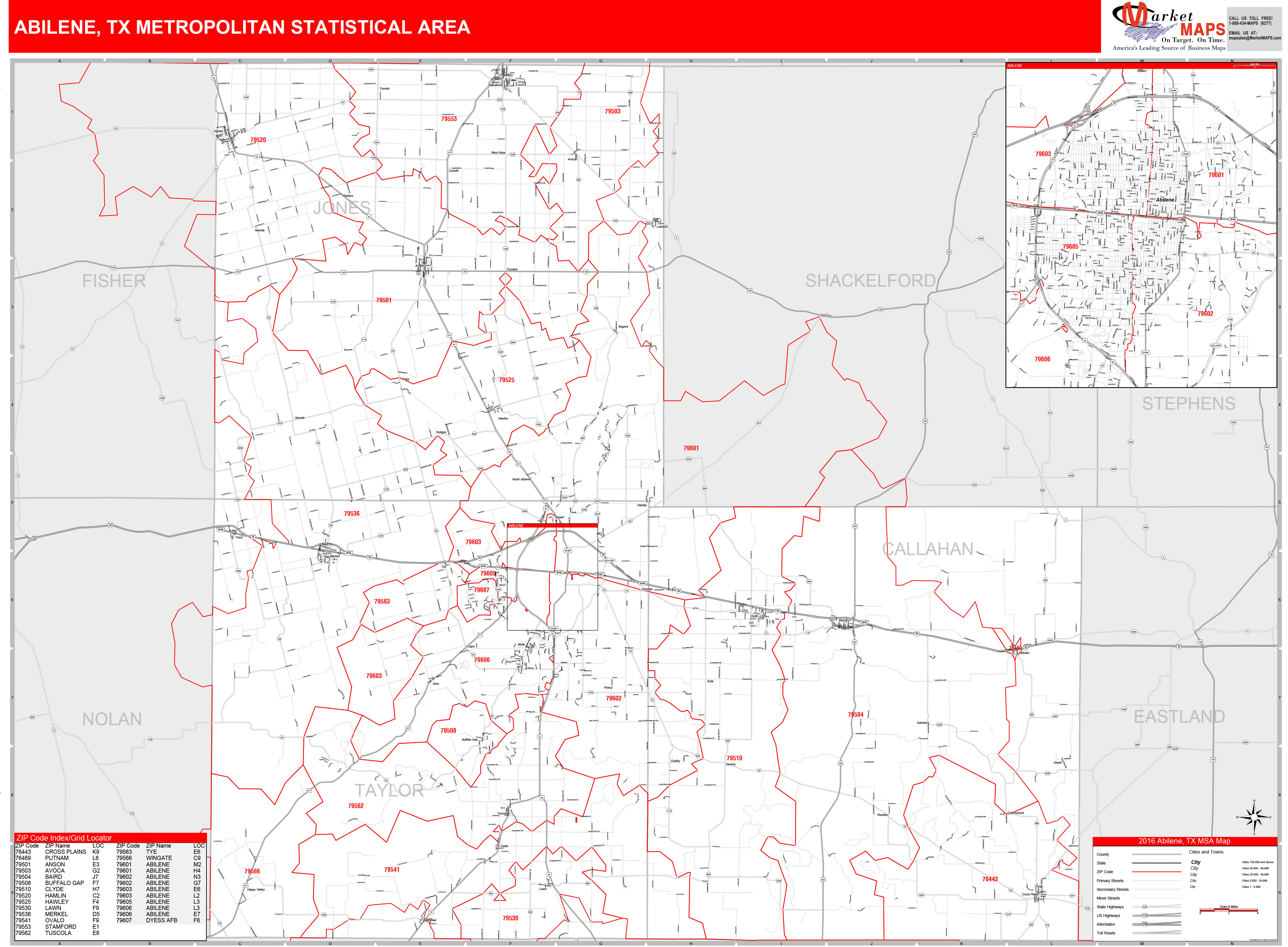 Abilene, TX Metro Area Wall Map Red Line Style by MarketMAPS