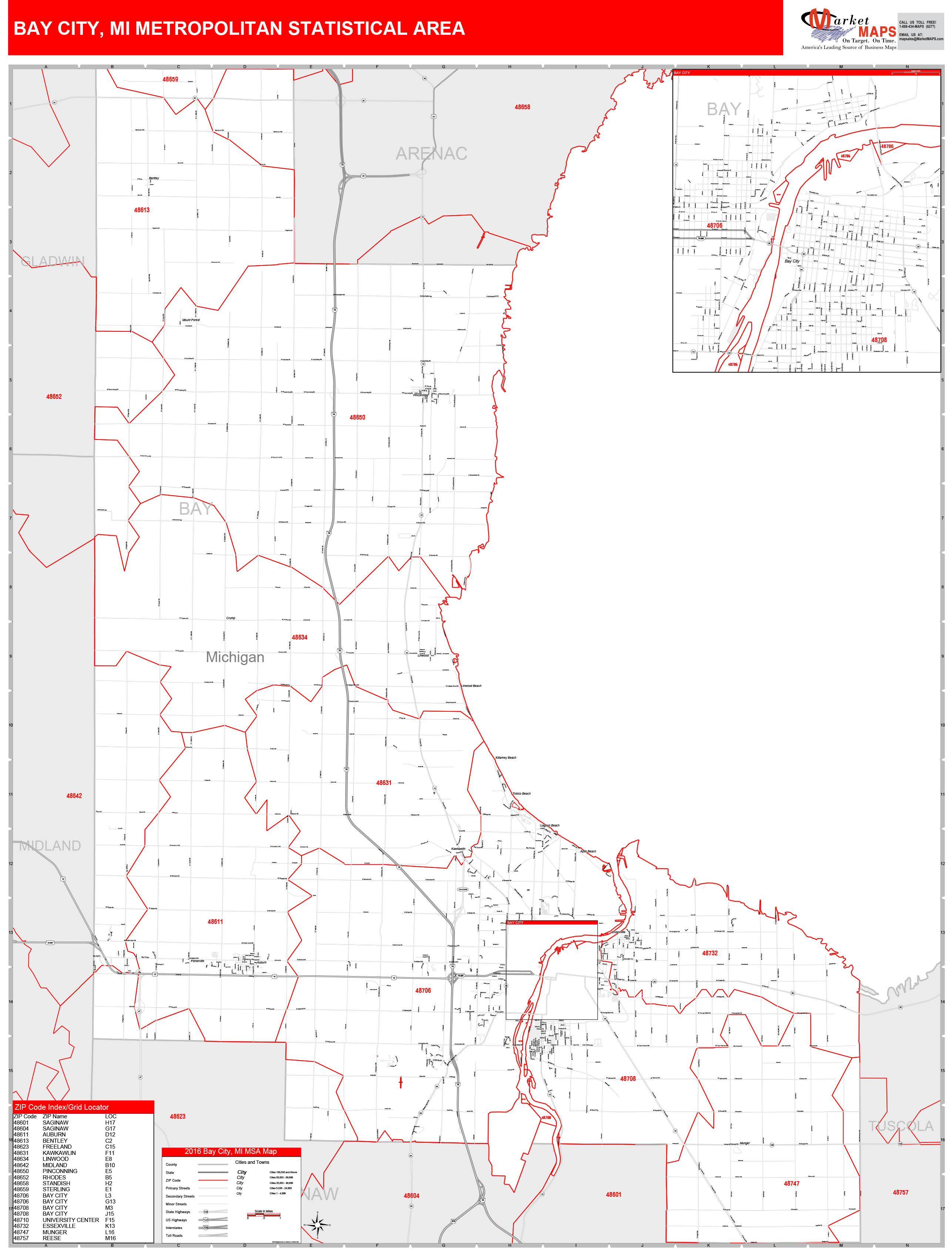 Bay City, MI Metro Area Wall Map Red Line Style by MarketMAPS