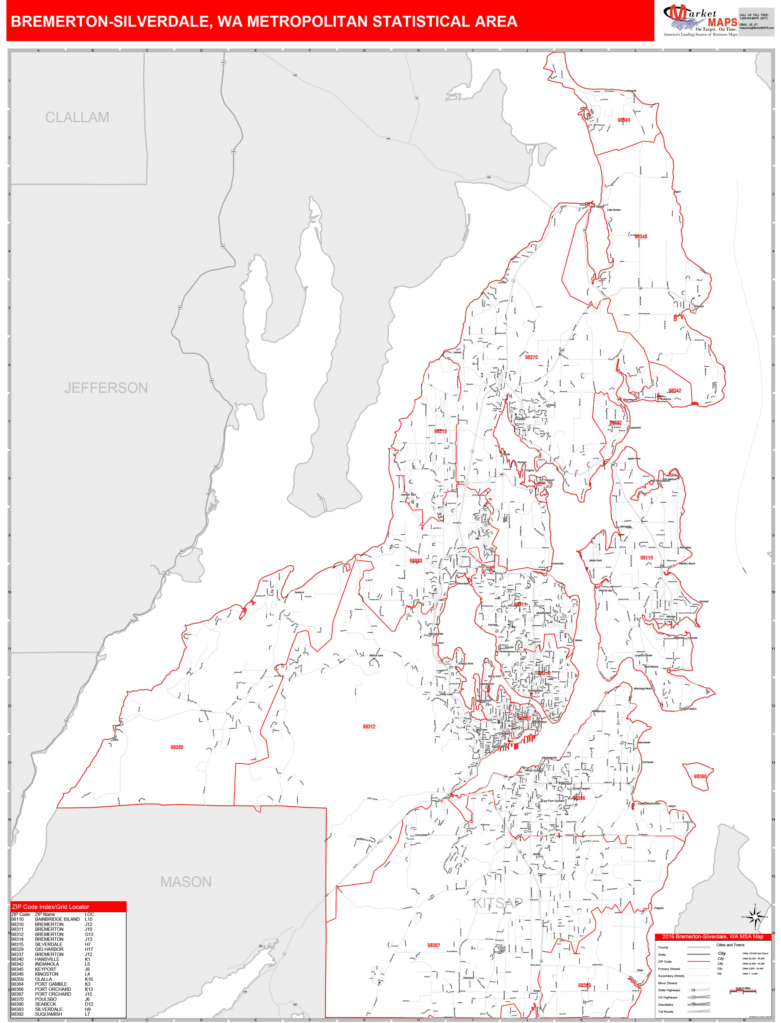 Bremerton-Silverdale, WA Metro Area Wall Map Red Line Style by ...