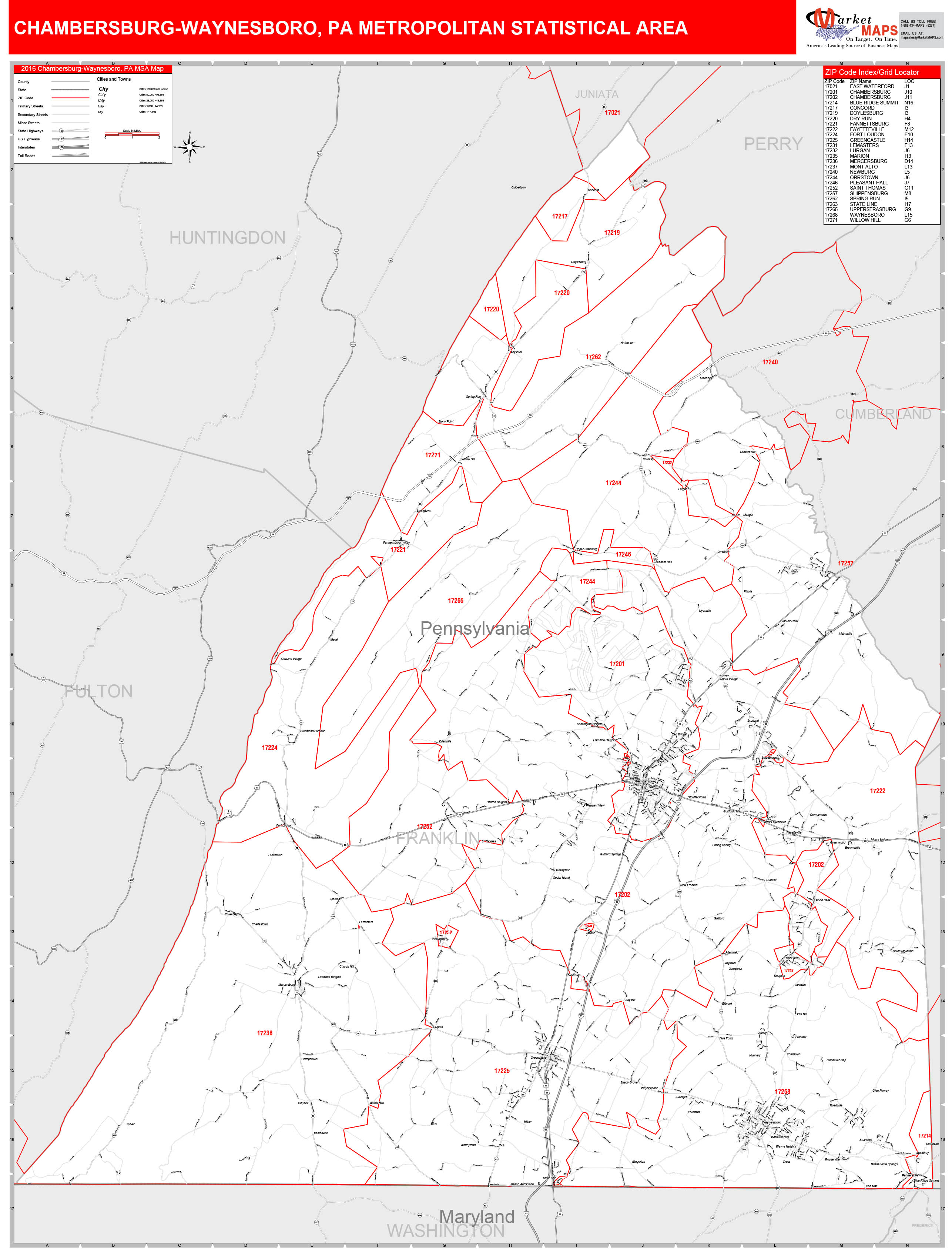 Chambersburg-Waynesboro, PA Metro Area Wall Map Red Line Style by ...