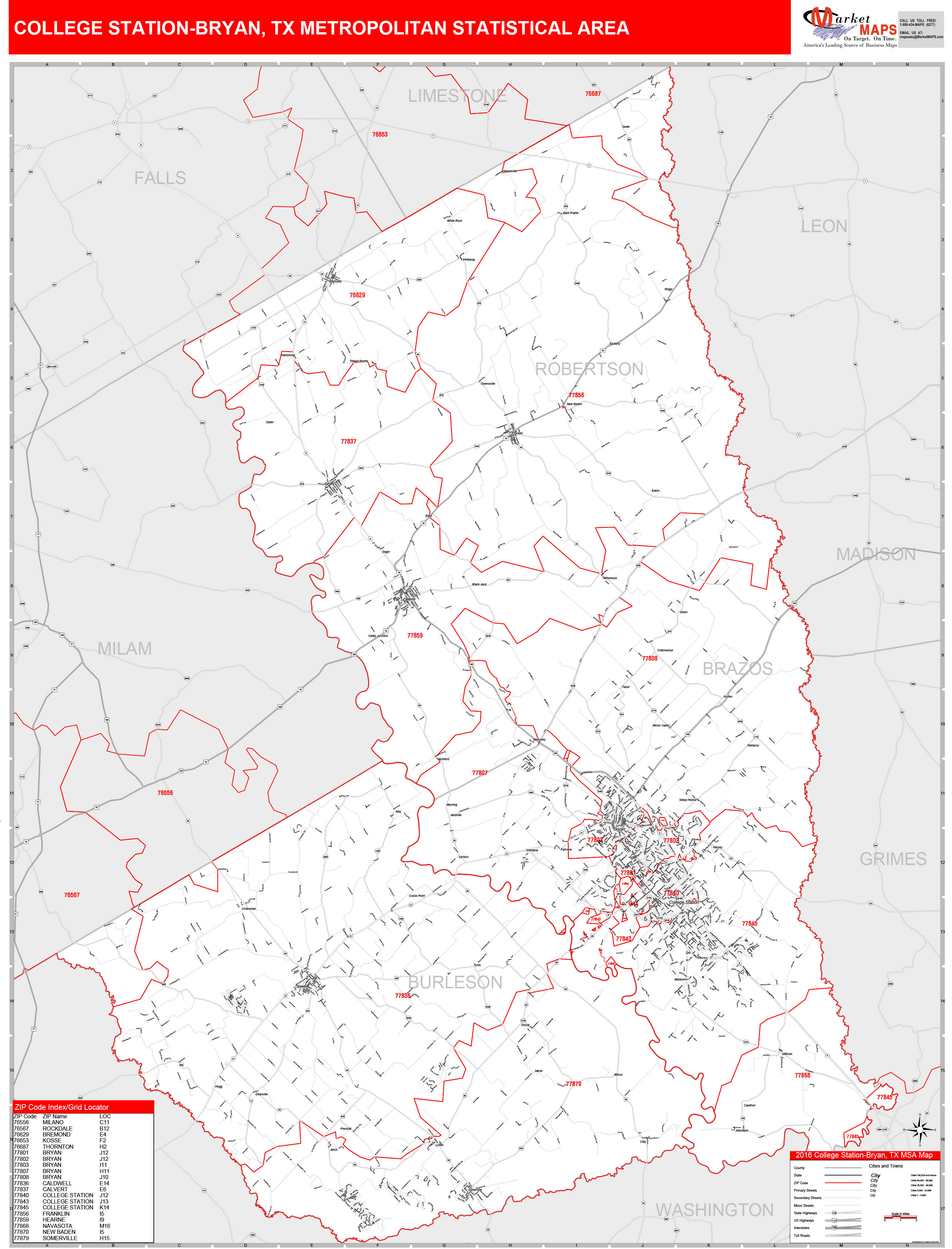 College Station-Bryan, TX Metro Area Wall Map Red Line Style by MarketMAPS