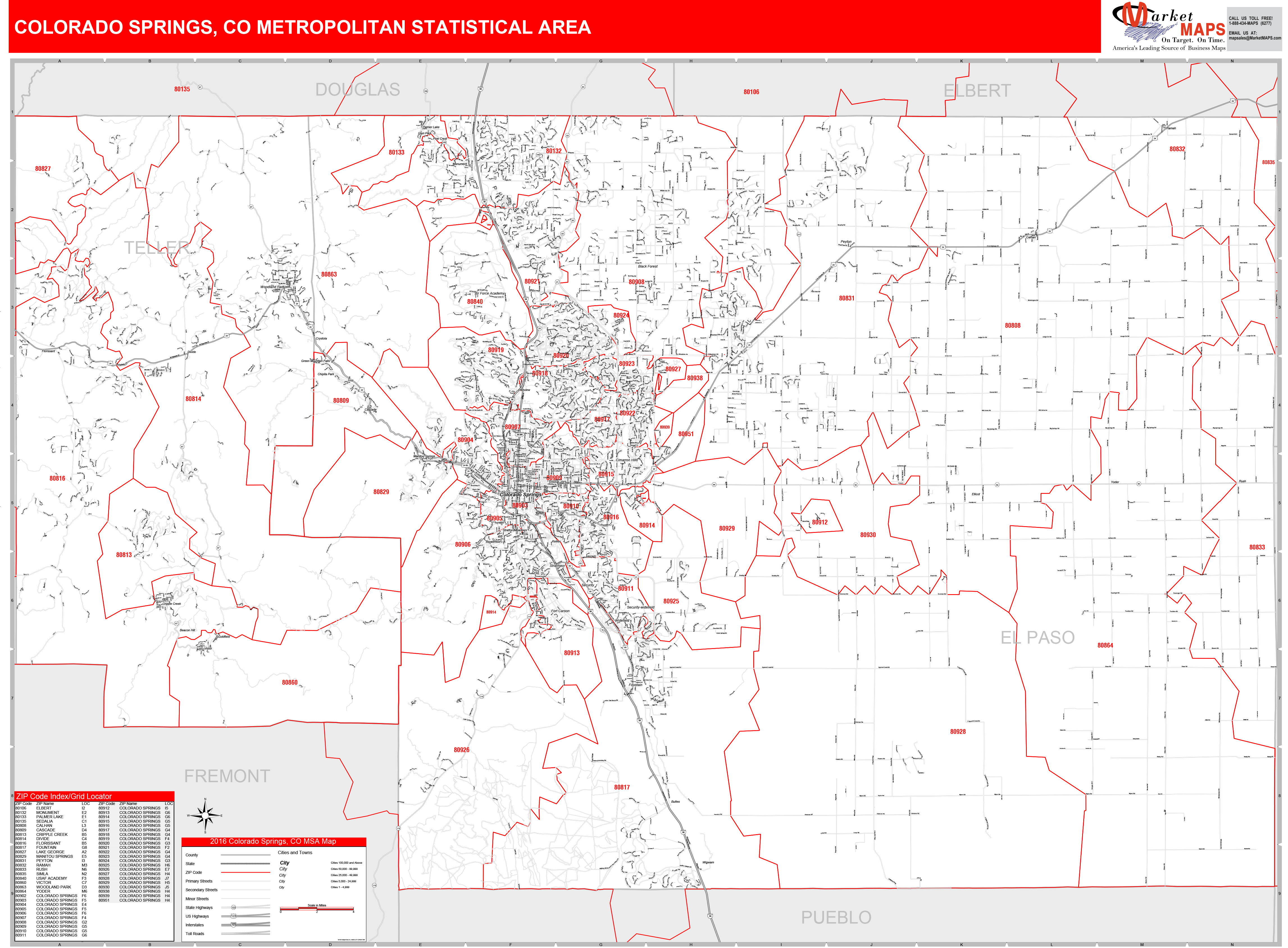 Colorado Springs, CO Metro Area Wall Map Red Line Style by MarketMAPS