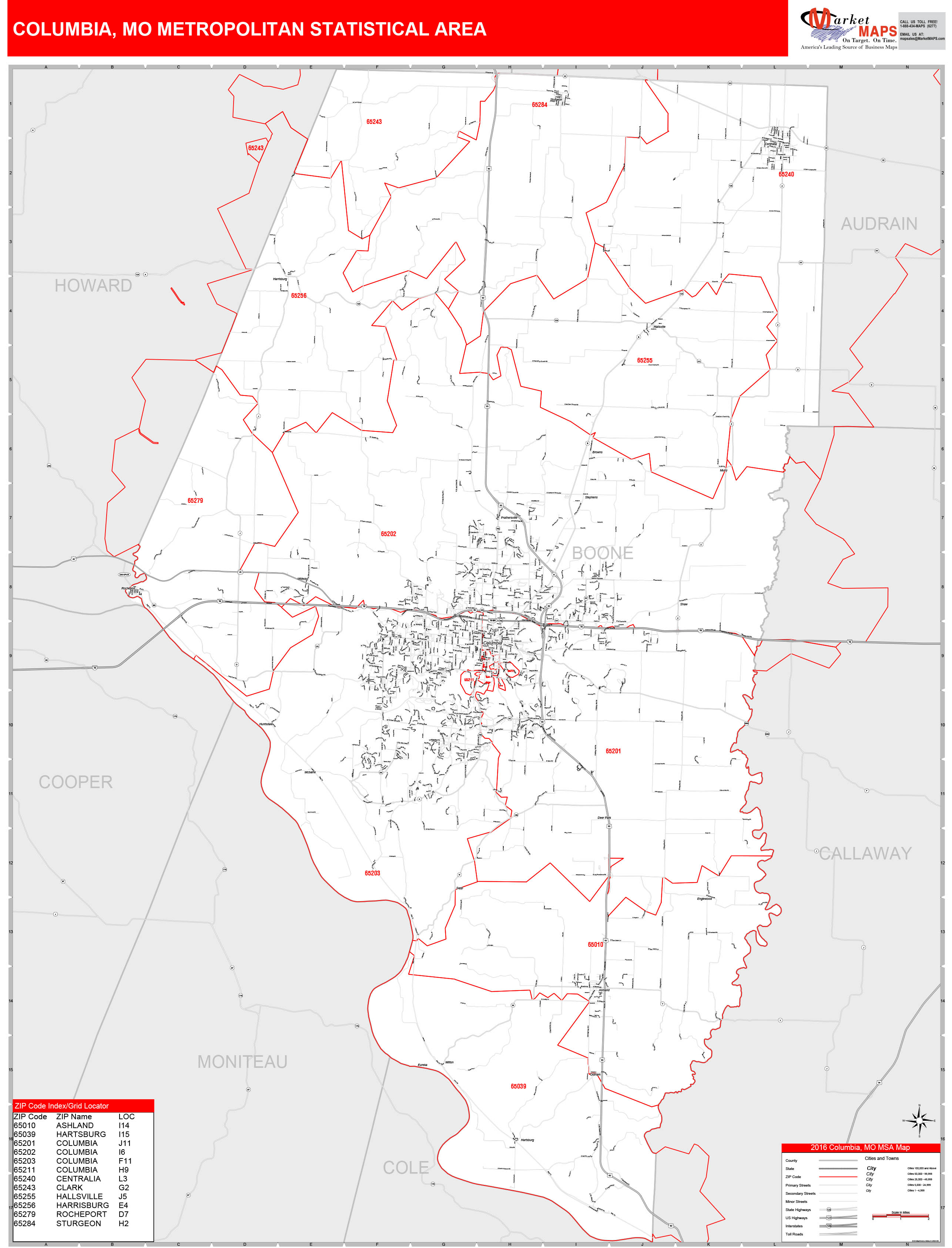 Columbia, MO Metro Area Wall Map Red Line Style by MarketMAPS ...