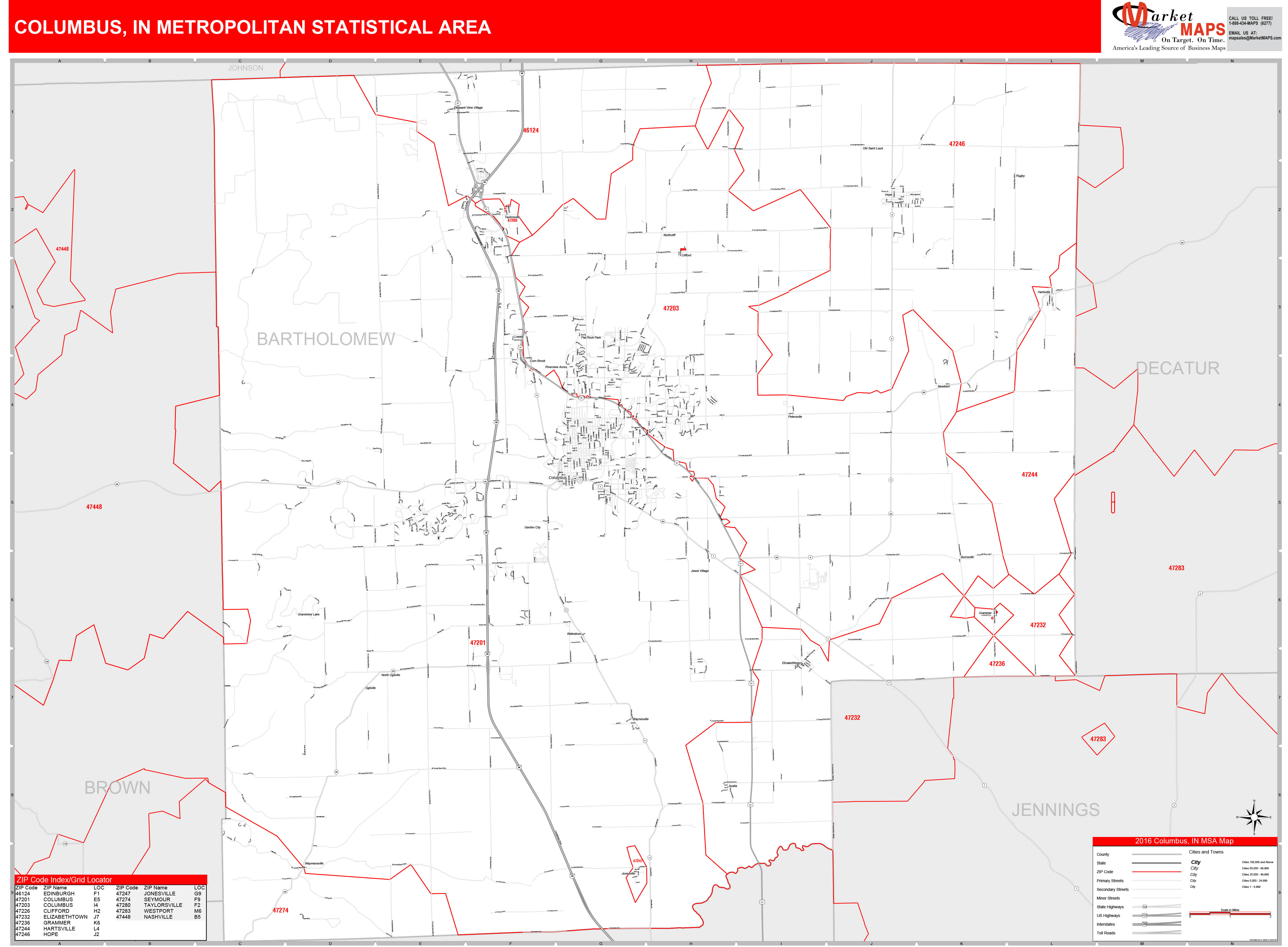 Columbus, IN Metro Area Wall Map Red Line Style by MarketMAPS MapSales