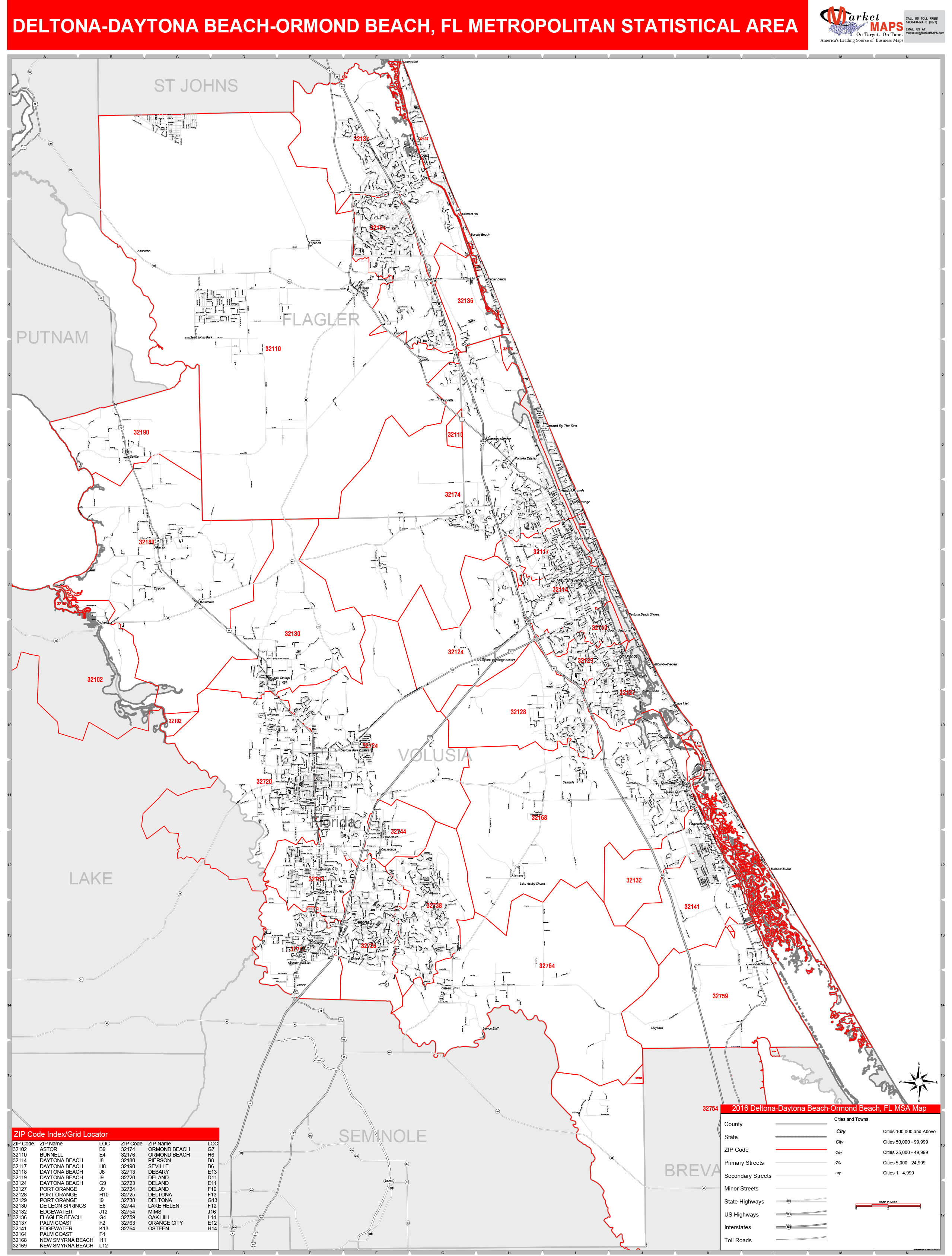 Deltona-daytona Beach-ormond Beach, Fl Metro Area Wall Map Red Line 