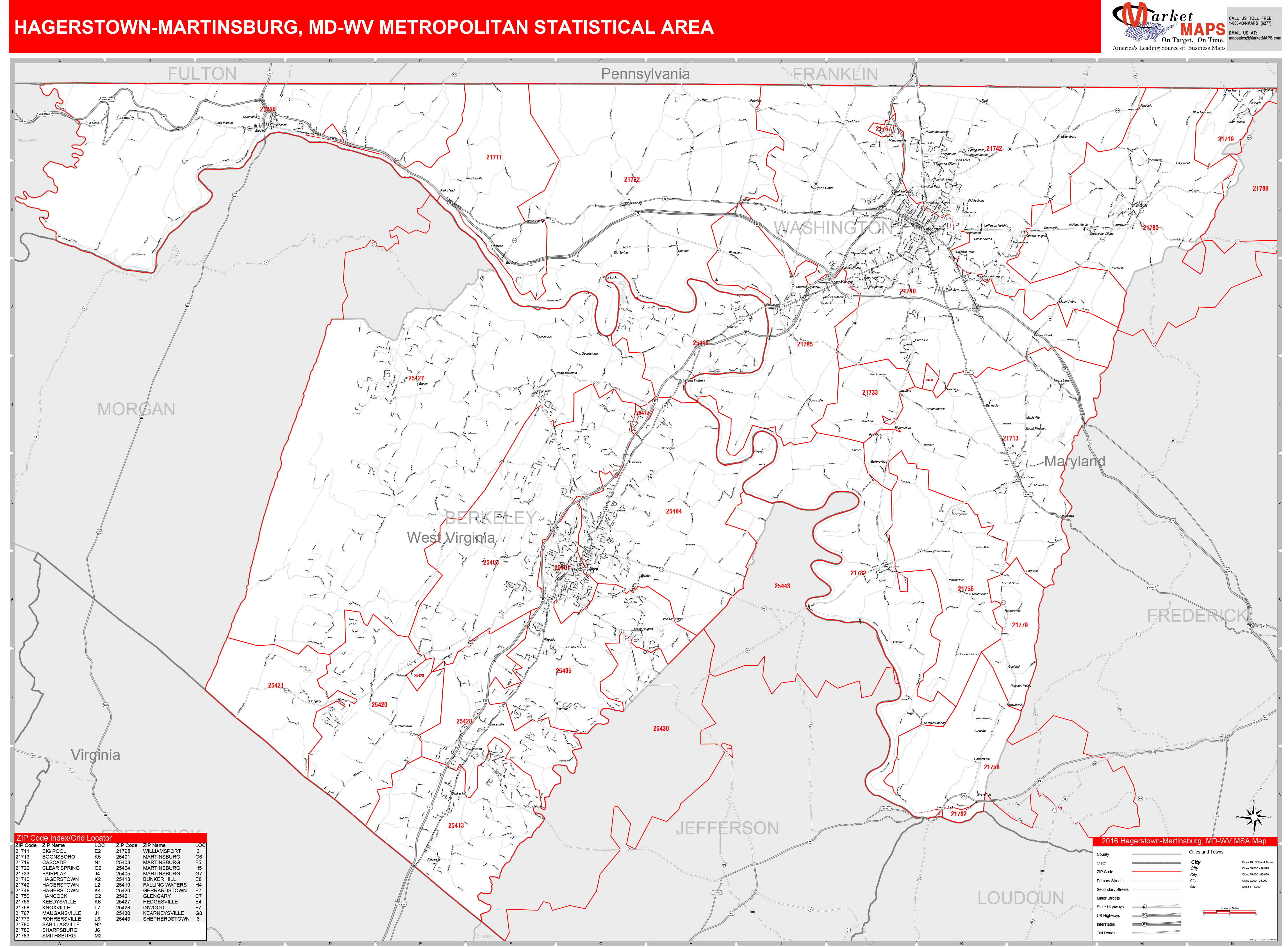 Hagerstown-Martinsburg, MD Metro Area Wall Map Red Line Style by MarketMAPS