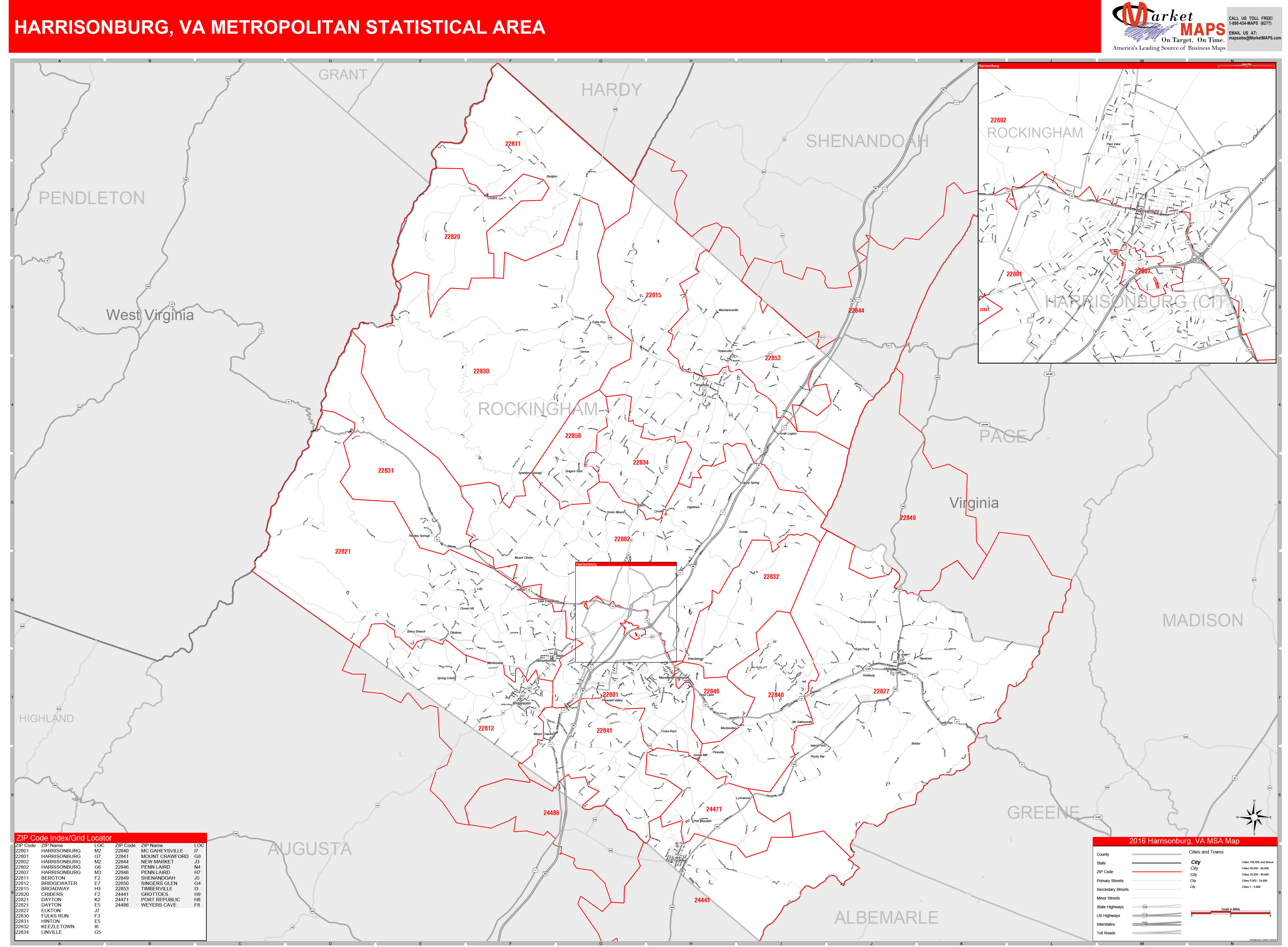 Harrisonburg, VA Metro Area Wall Map Red Line Style by MarketMAPS ...