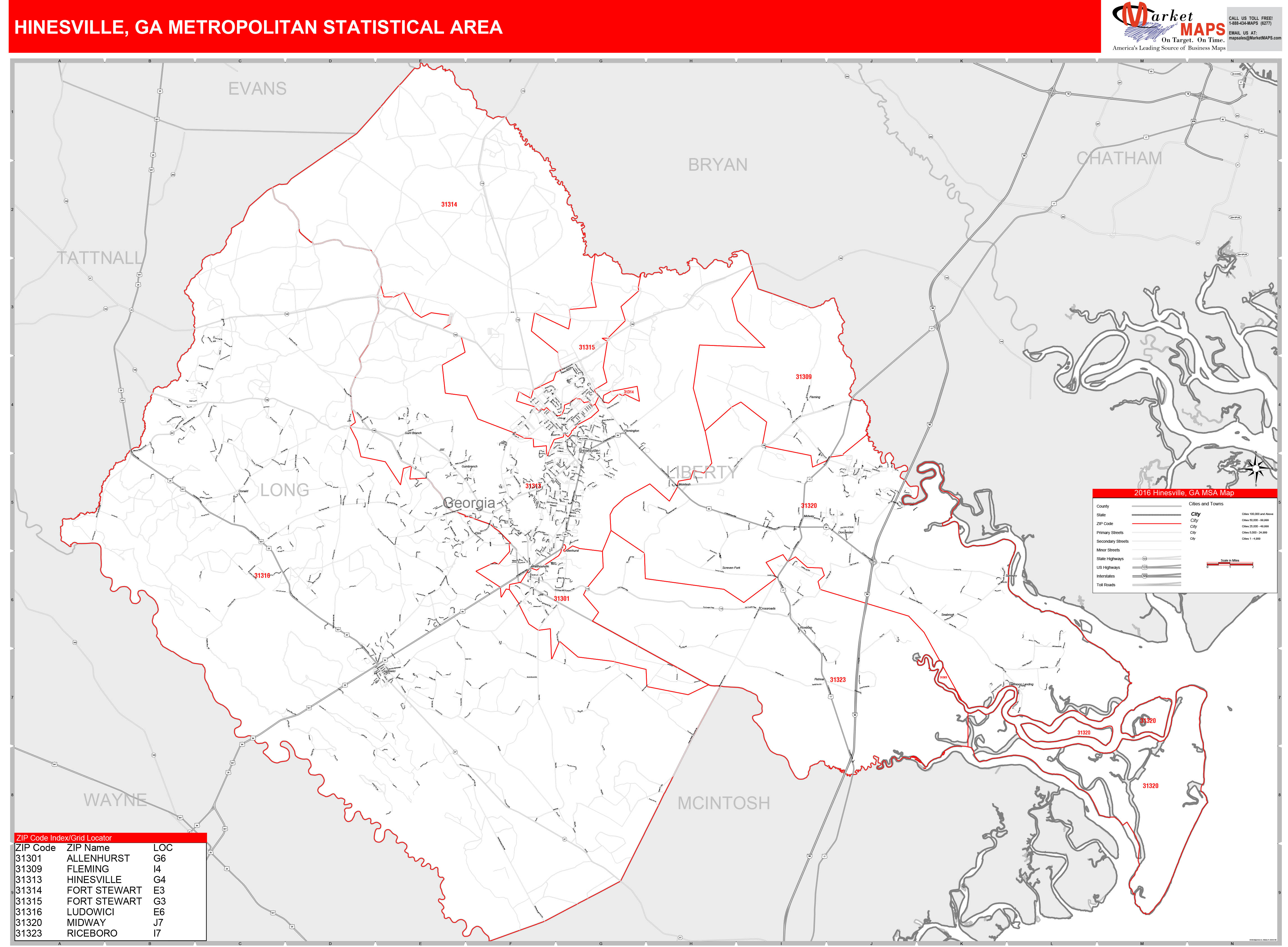 Hinesville, GA Metro Area Wall Map Red Line Style by MarketMAPS