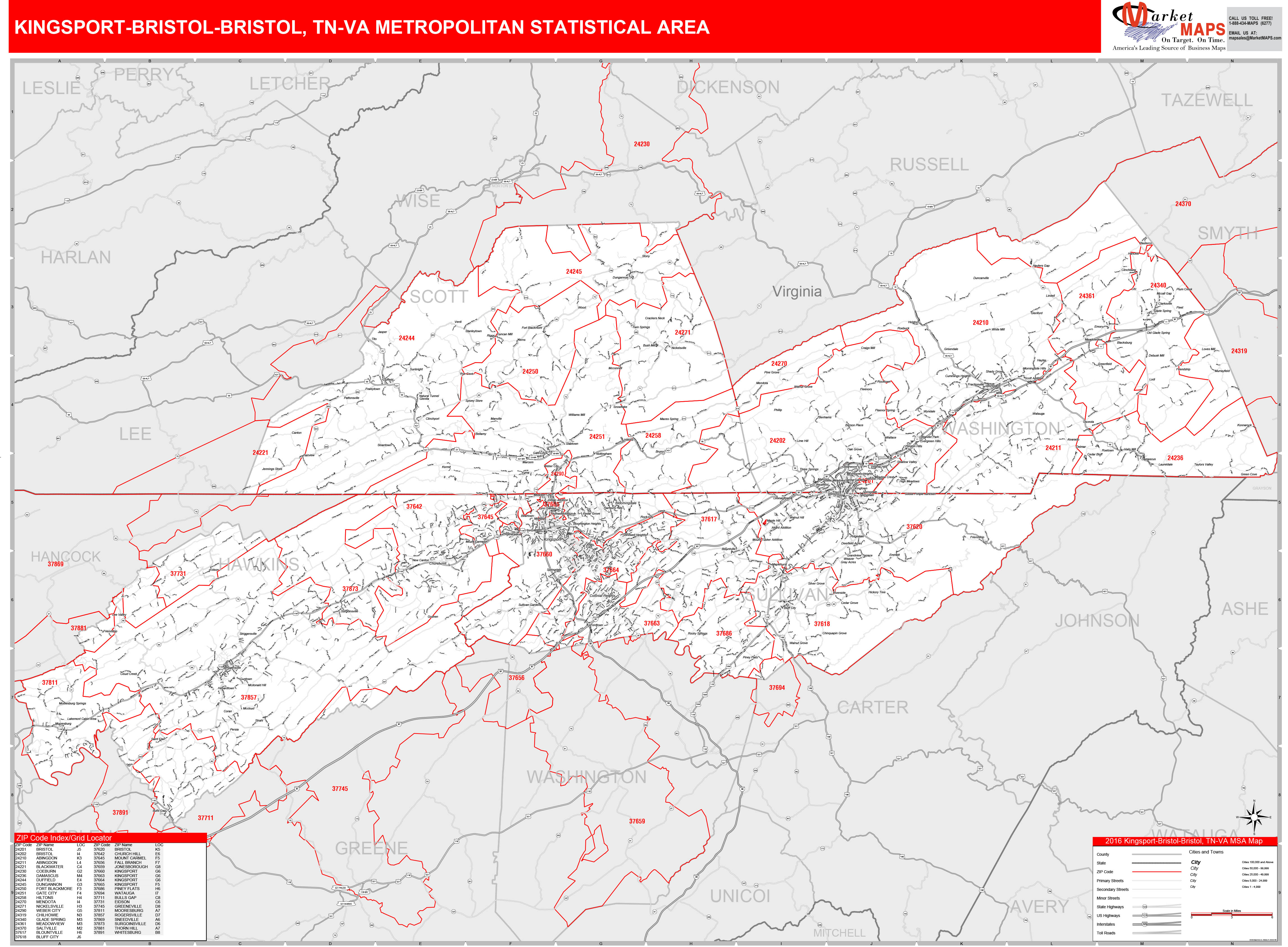 Kingsport-Bristol-Bristol, TN Metro Area Wall Map Red Line Style by ...