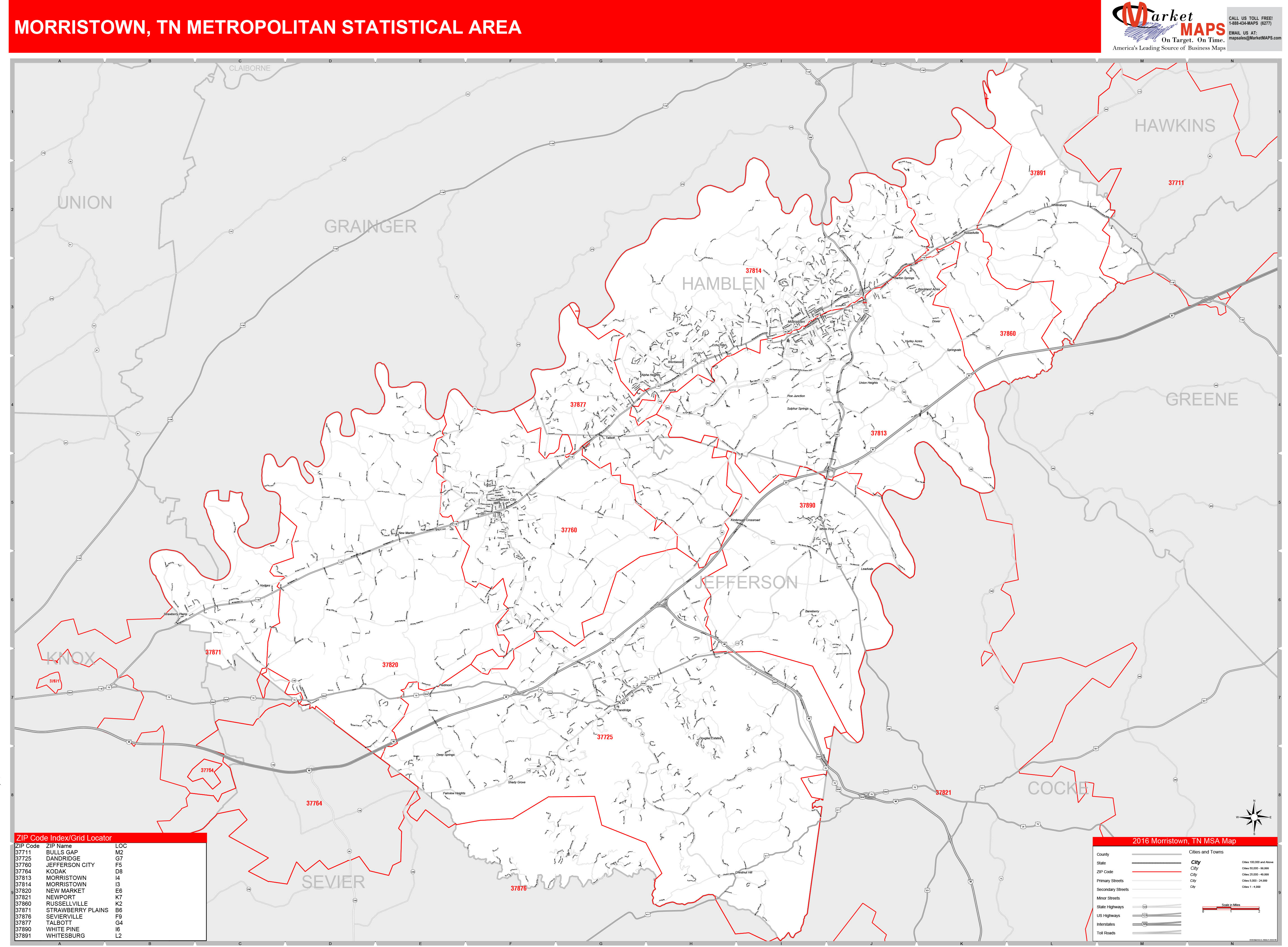 Morristown TN Metro Area Wall Map Red Line Style By MarketMAPS   Morristown TN 