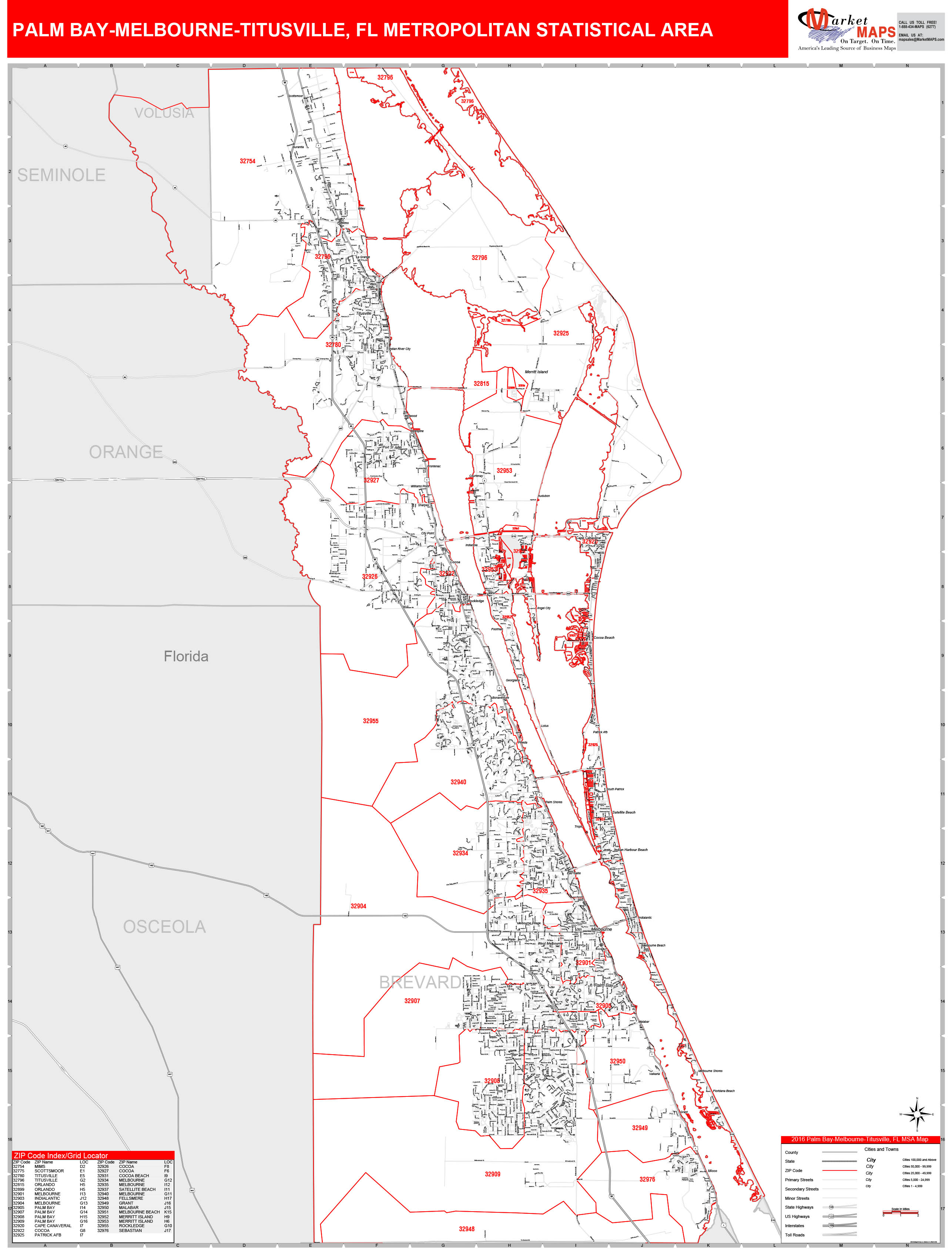 Palm Bay-Melbourne-Titusville, FL Metro Area Wall Map Red Line Style by ...