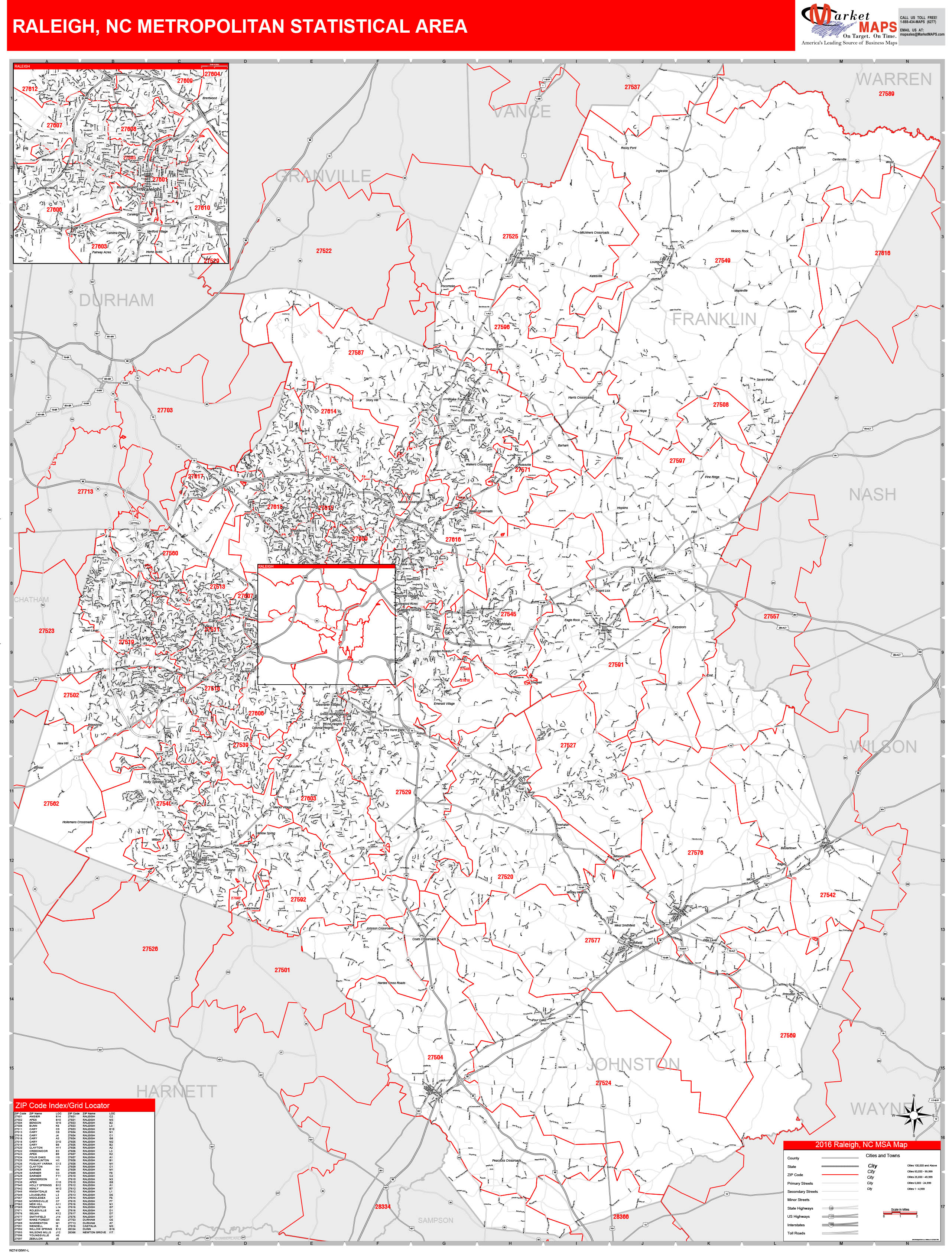 Raleigh Nc Metro Area Wall Map Red Line Style By Marketmaps Mapsales 7348