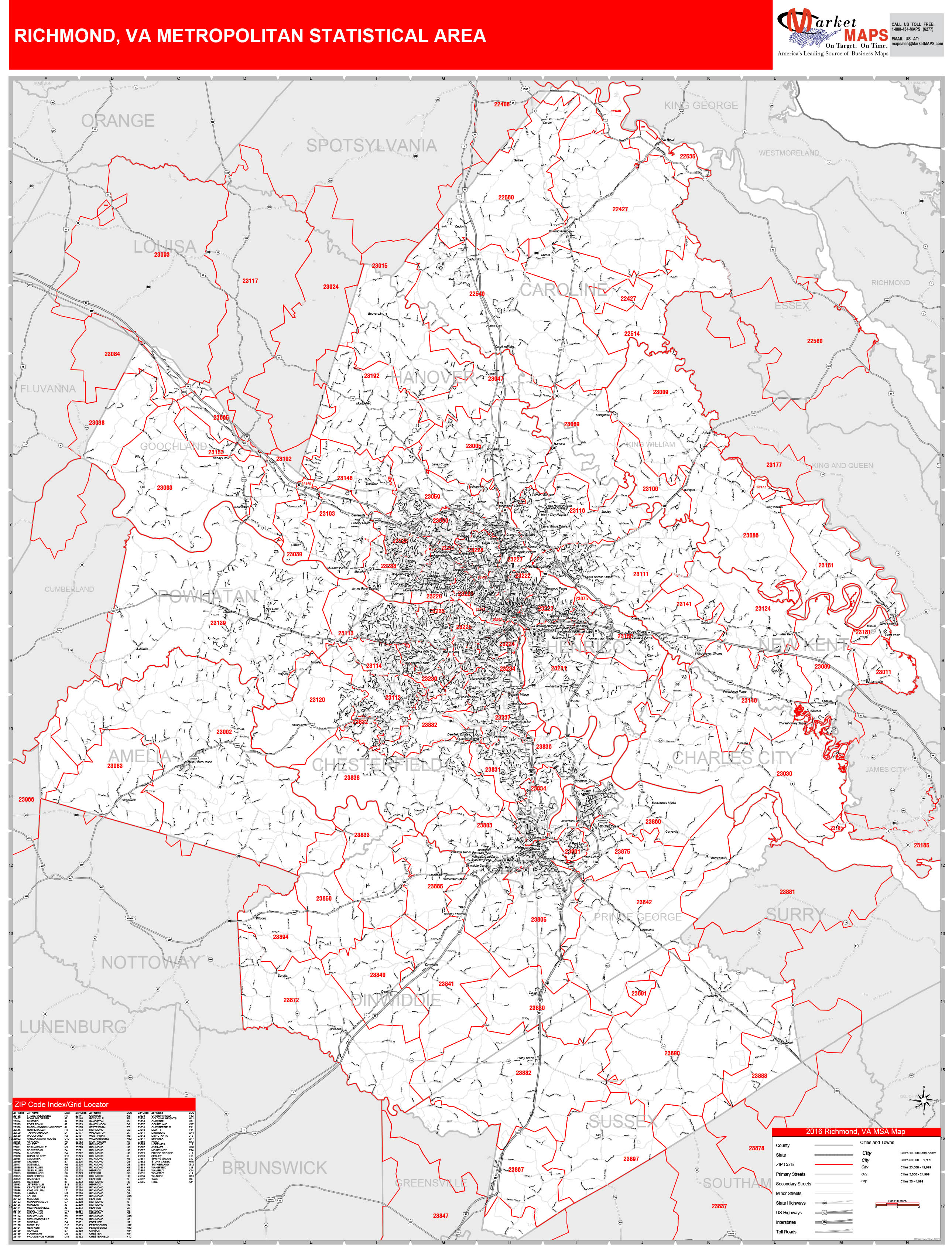 Richmond, VA Metro Area Wall Map Red Line Style by MarketMAPS - MapSales