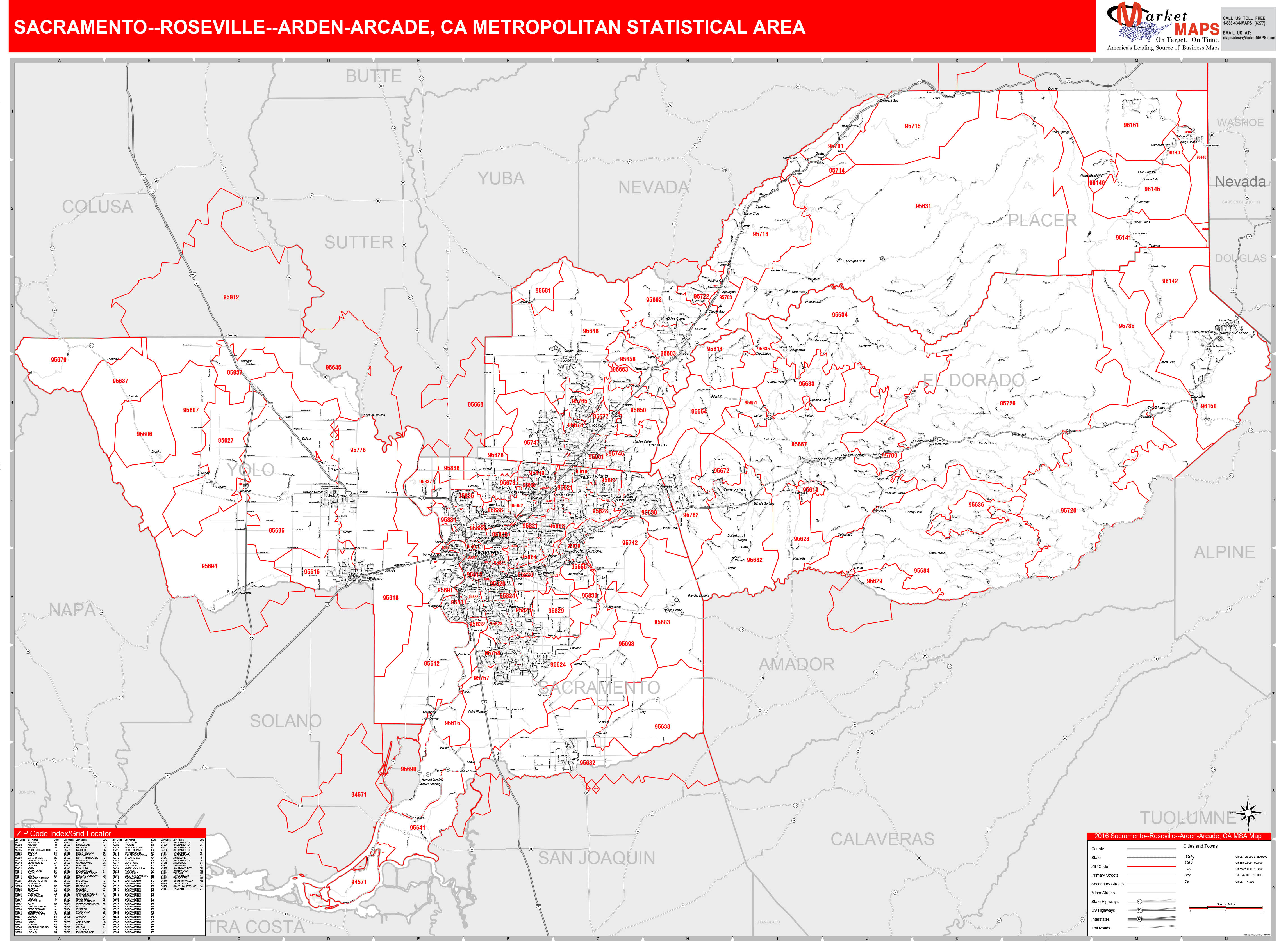 Sacramento-Roseville-Arden-Arcade, CA Metro Area Wall Map Red Line ...