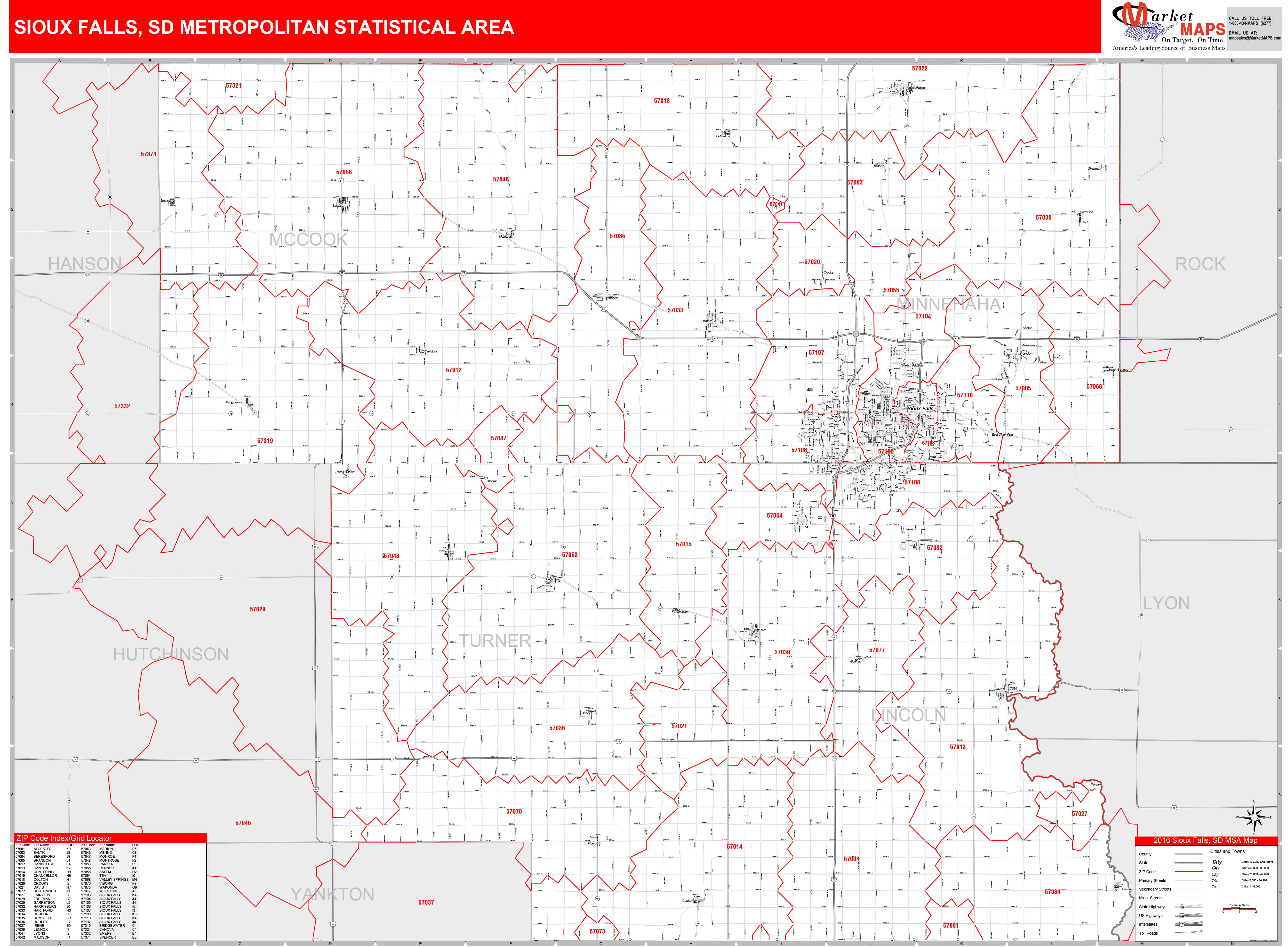 Sioux Falls, SD Metro Area Wall Map Red Line Style by MarketMAPS