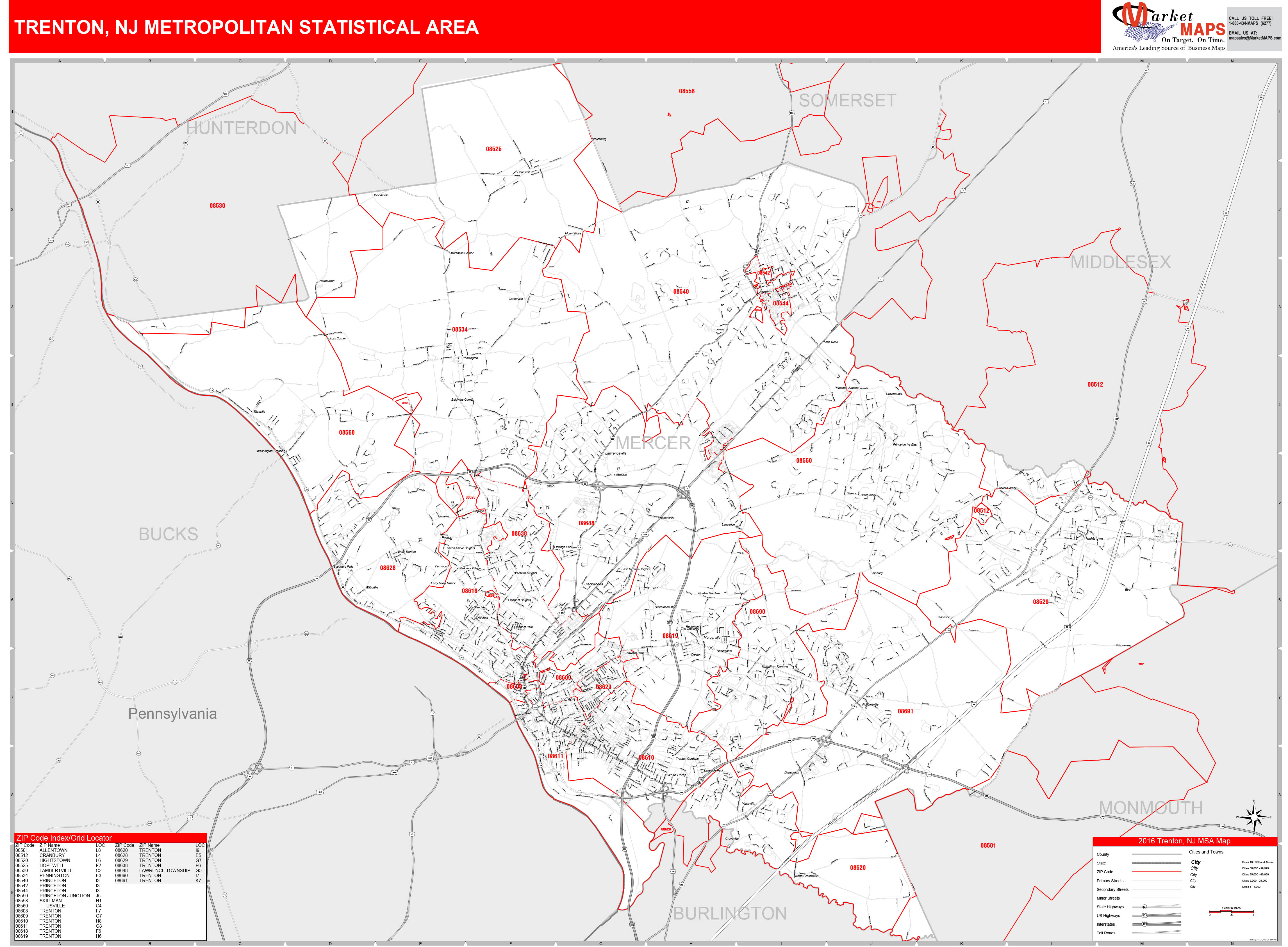 Trenton Nj Metro Area Wall Map Red Line Style By Marketmaps 3892