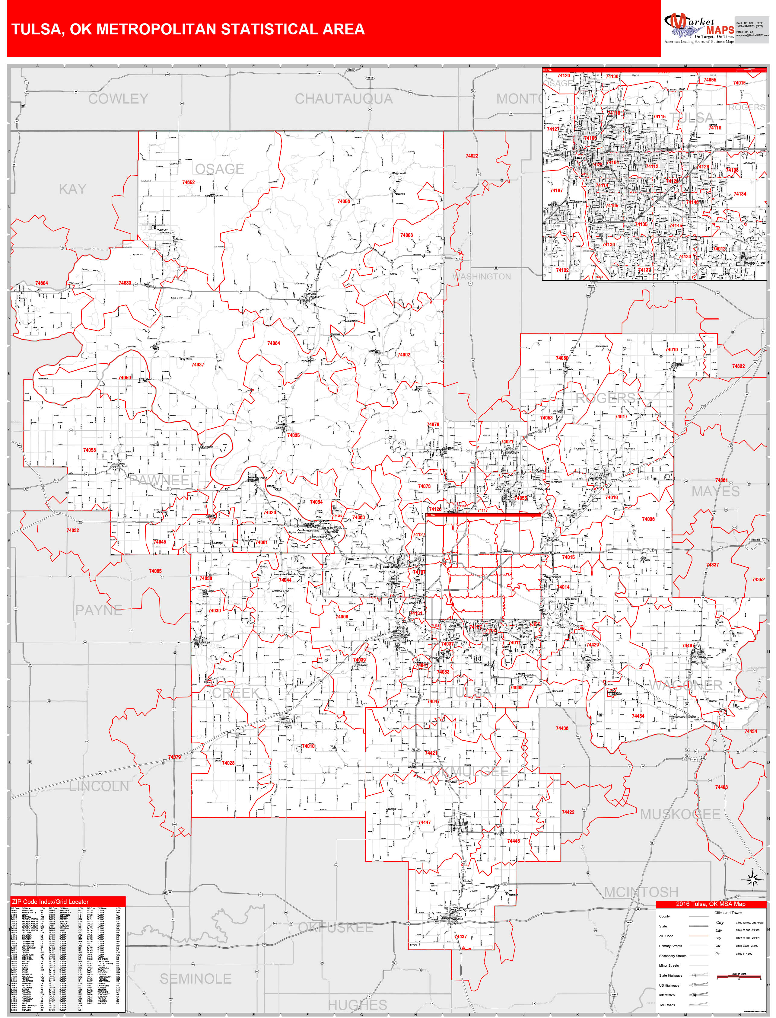 Tulsa, OK Metro Area Wall Map Red Line Style by MarketMAPS