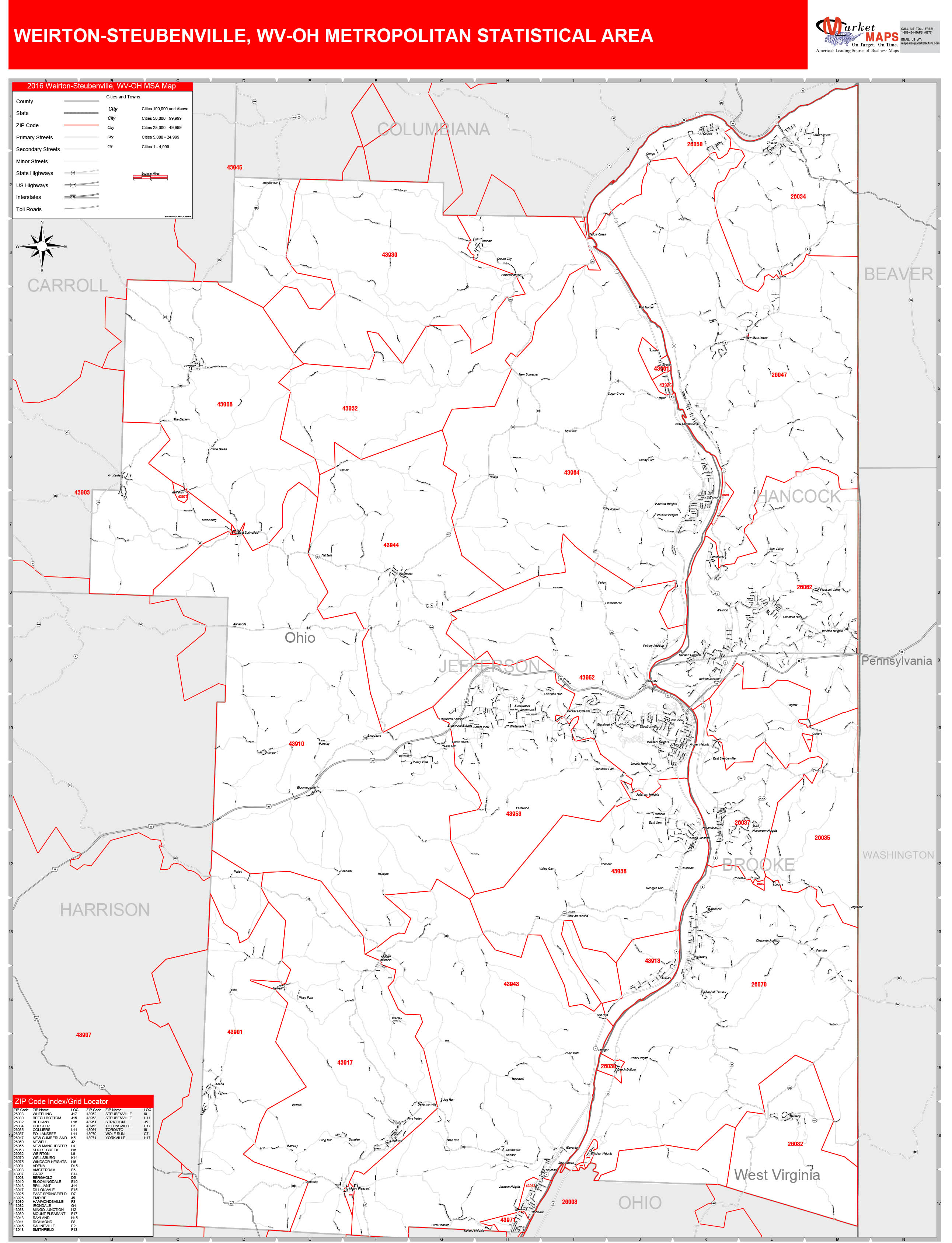 Weirton-Steubenville, WV Metro Area Wall Map Red Line Style by ...