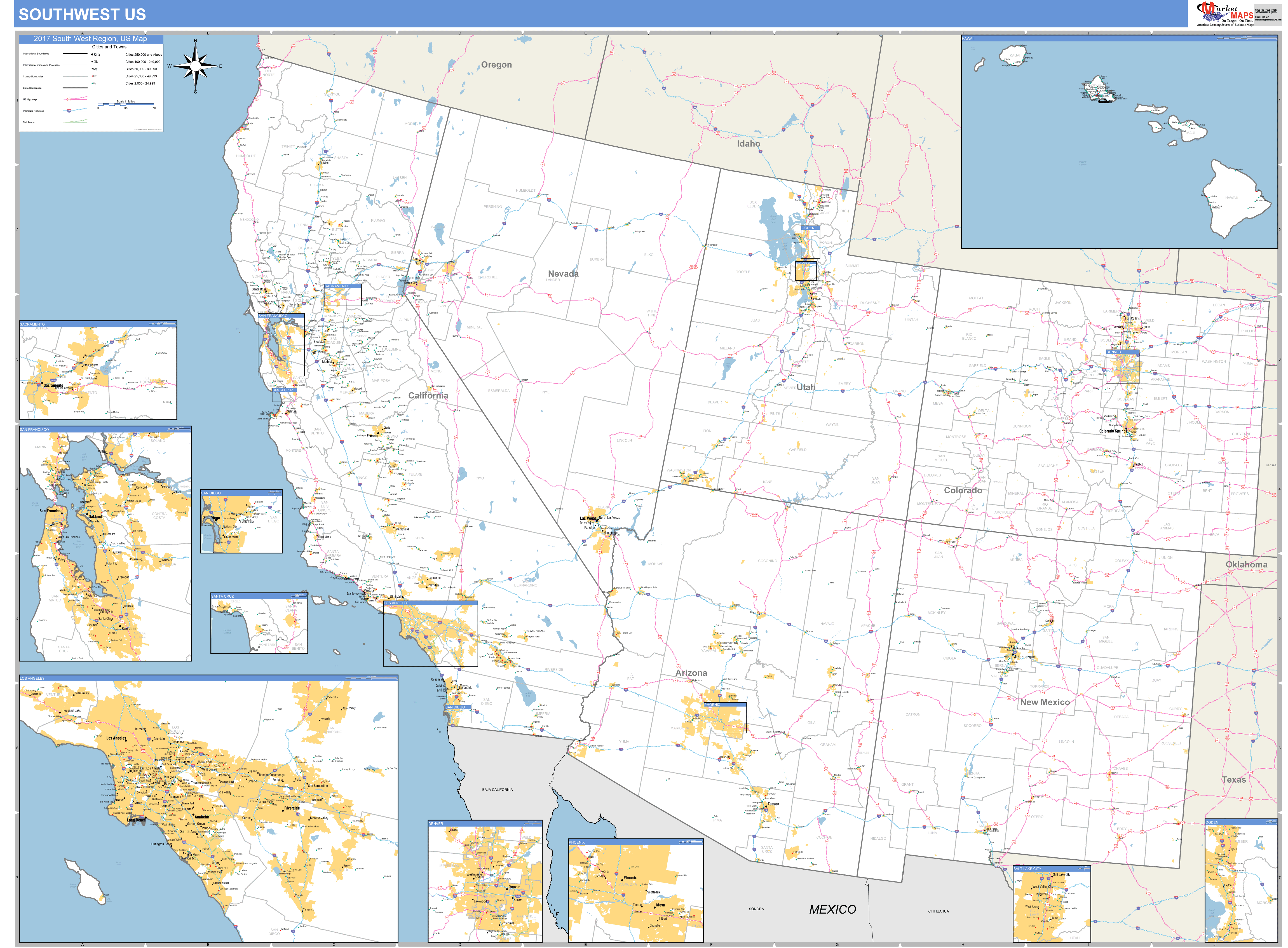 US Southwest Regional Wall Map Basic Style by MarketMAPS MapSales