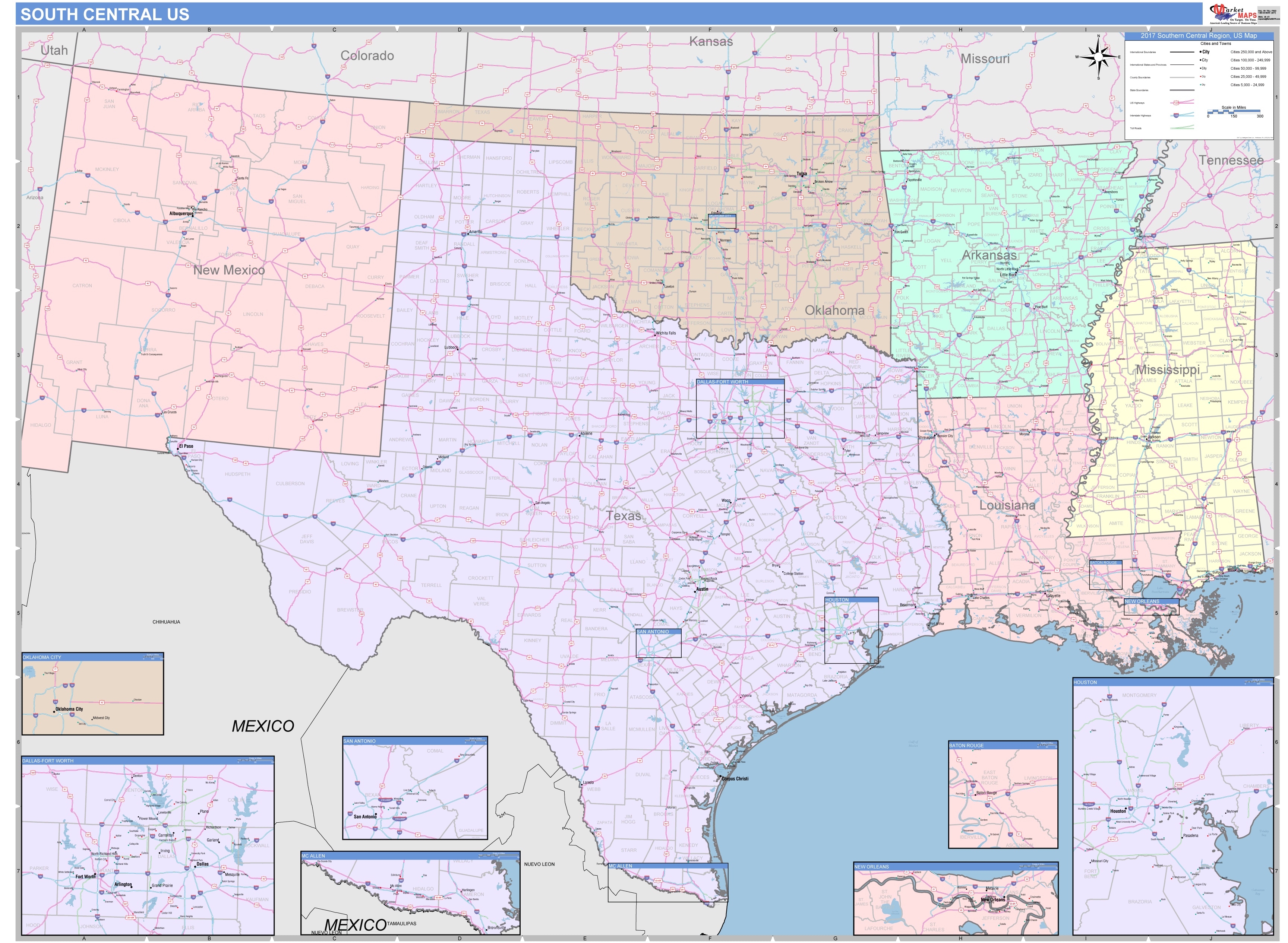 us-south-central-regional-wall-map-color-cast-style-by-marketmaps