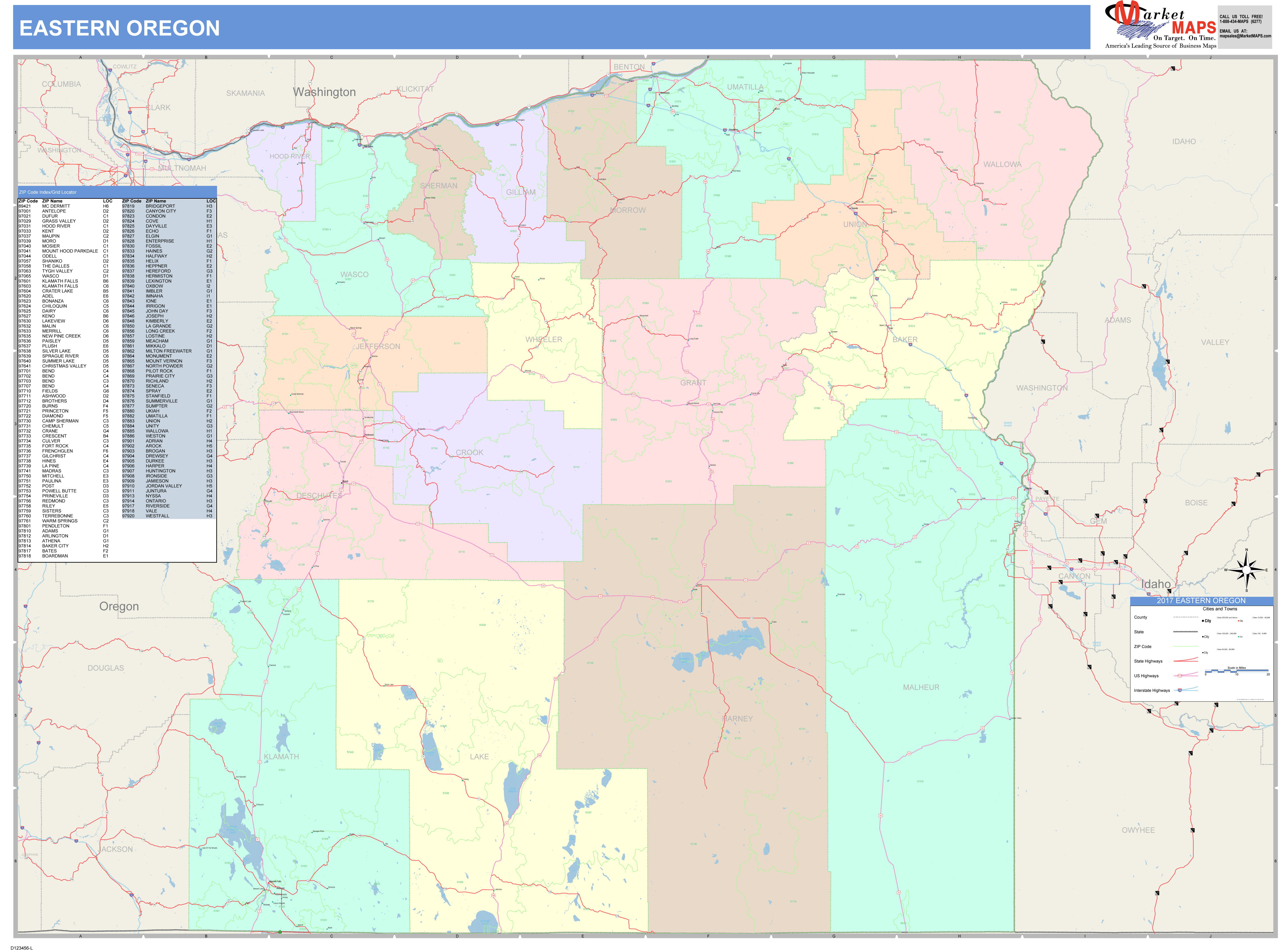 Oregon Eastern Wall Map Color Cast Style by MarketMAPS - MapSales