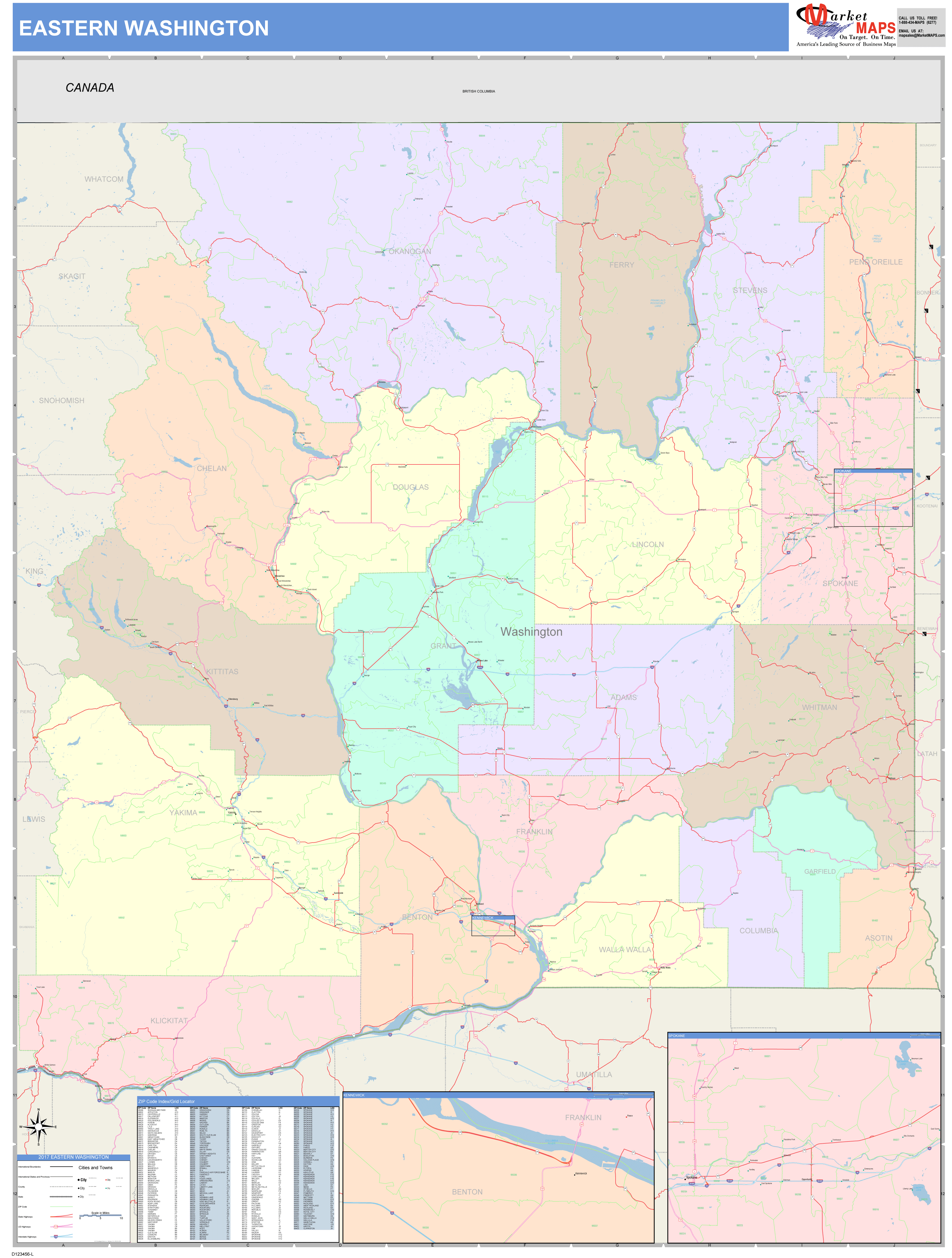 Washington Eastern Wall Map Color Cast Style by MarketMAPS - MapSales