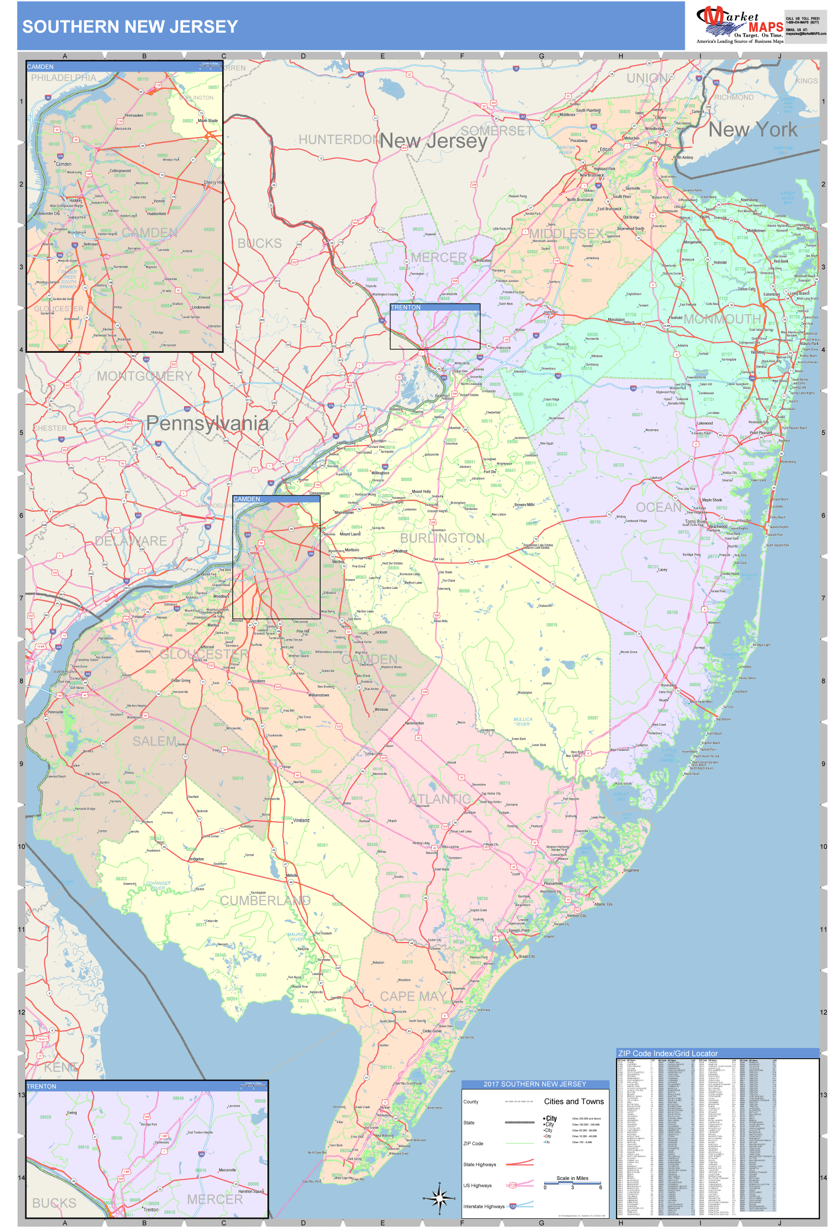 New Jersey Southern Wall Map Color Cast Style by MarketMAPS - MapSales.com