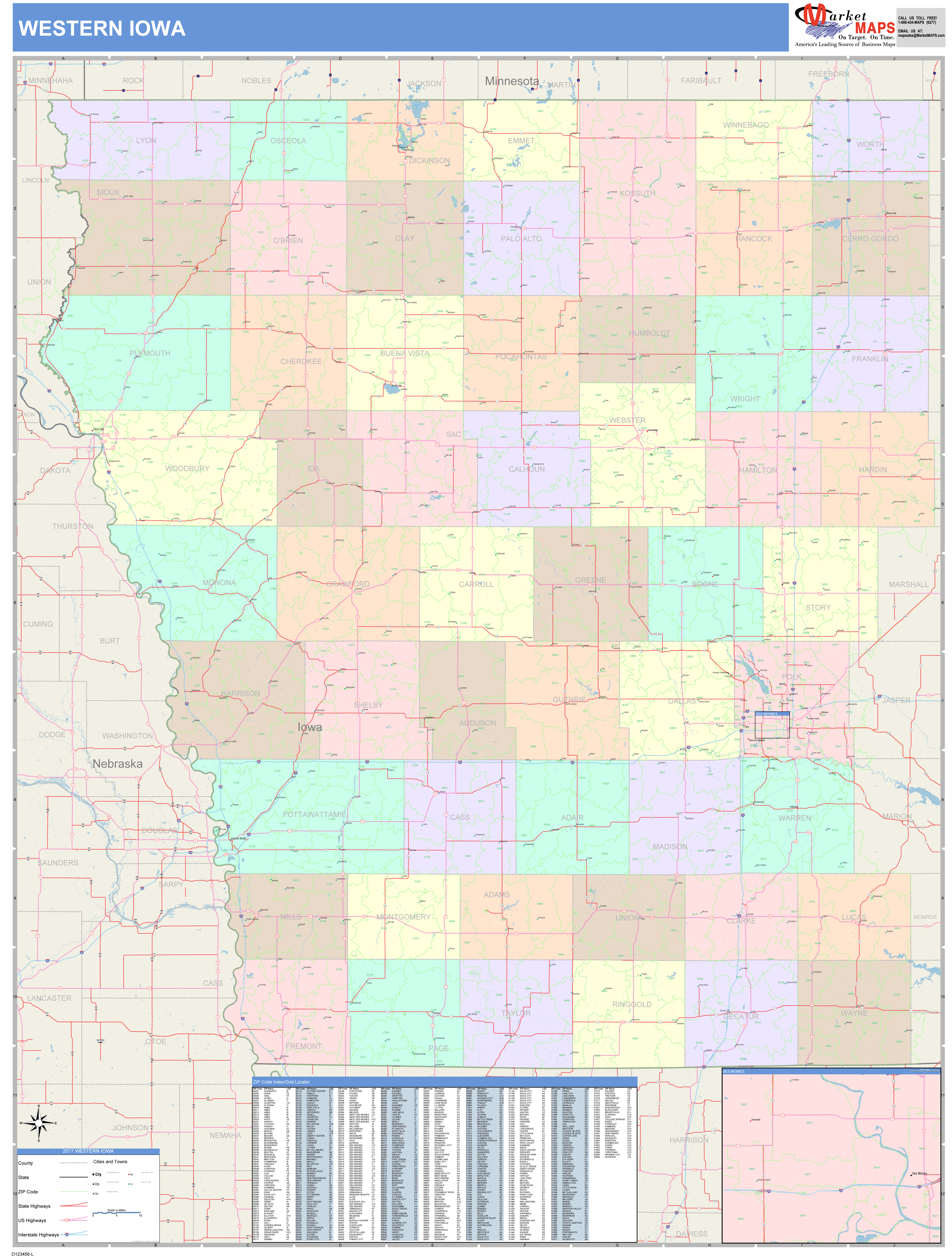 Iowa Western Wall Map Color Cast Style by MarketMAPS - MapSales