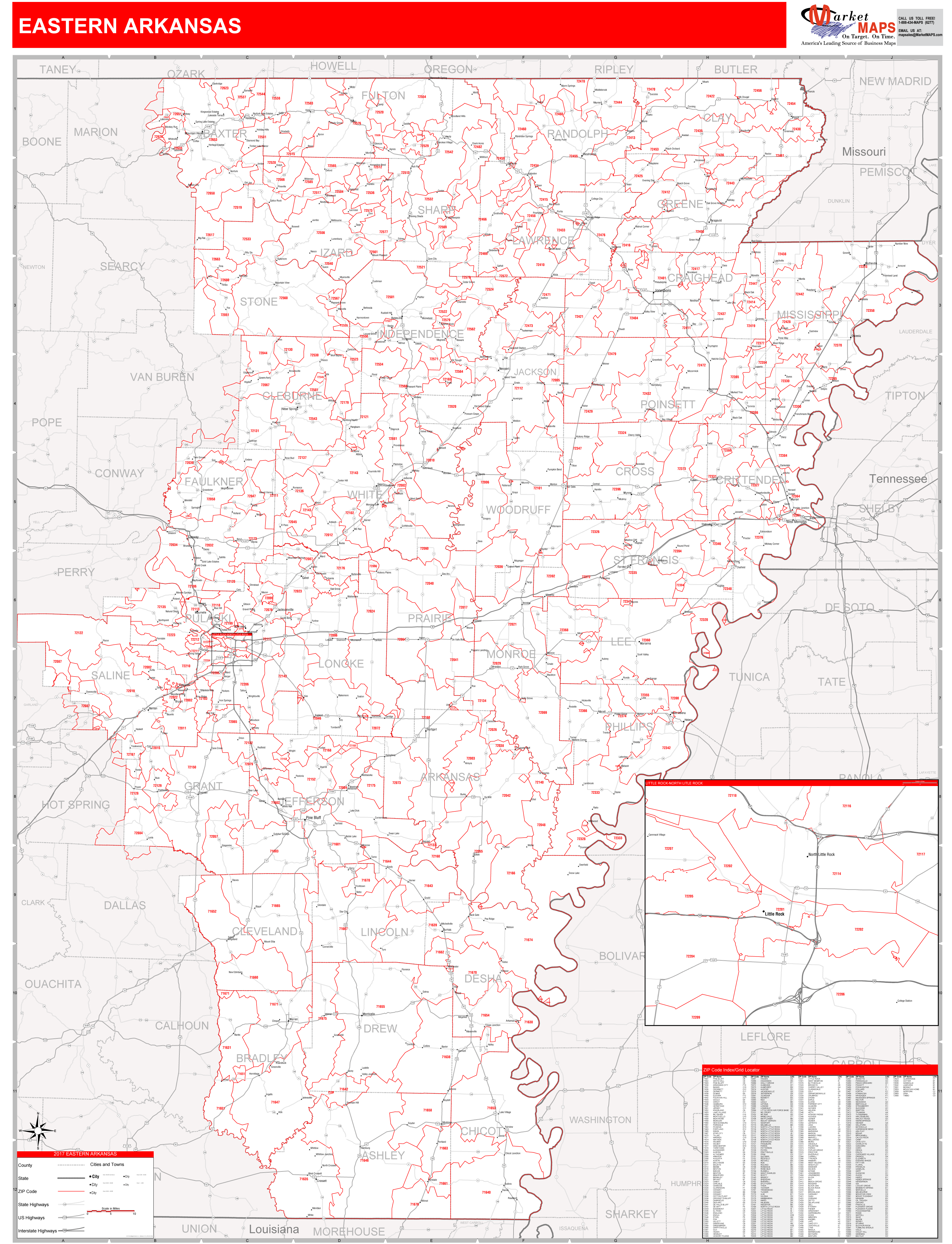 Arkansas Eastern Wall Map Red Line Style By Marketmaps - Mapsales.com