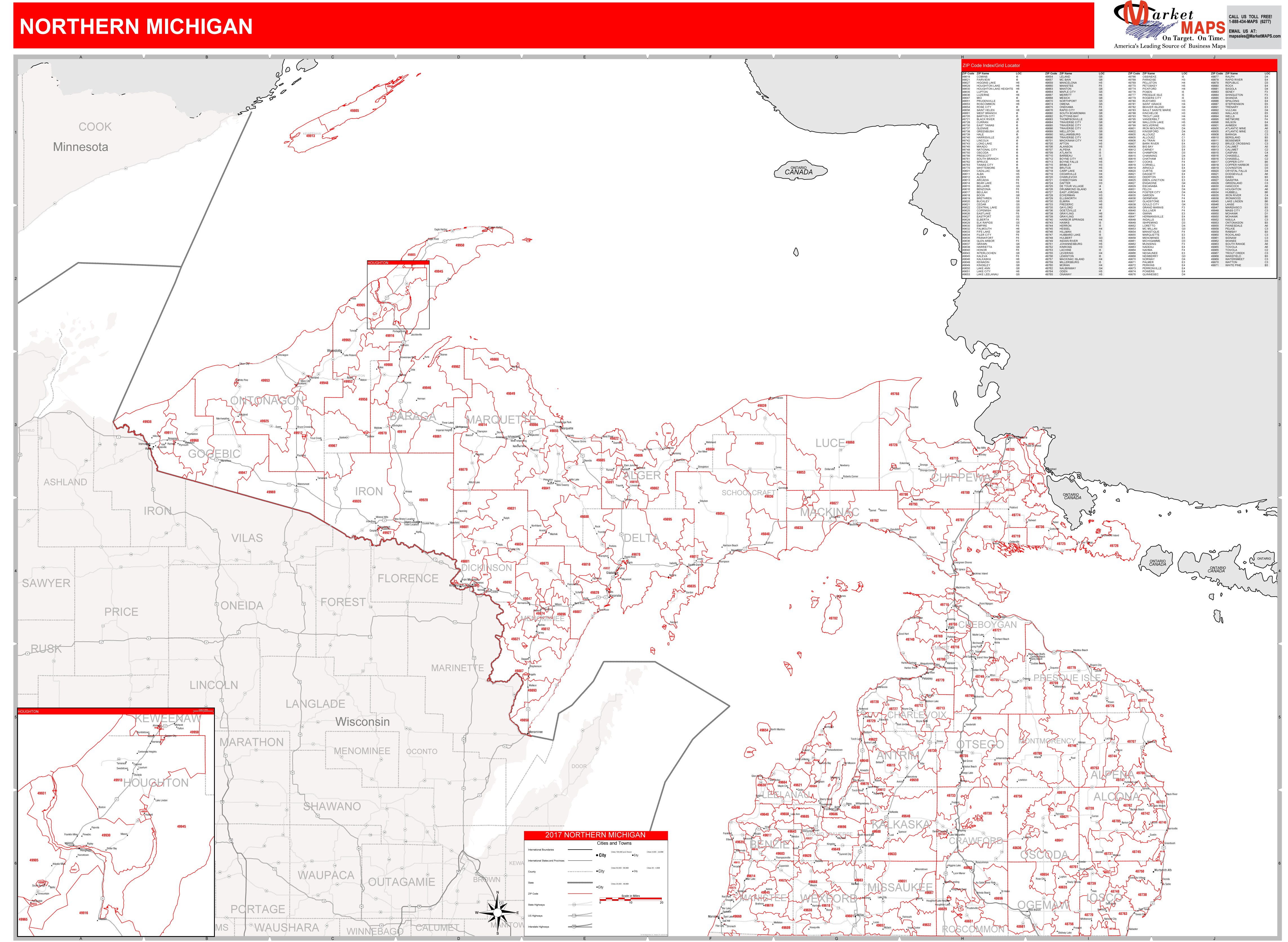 Michigan Northern Wall Map Red Line Style By Marketma 0573