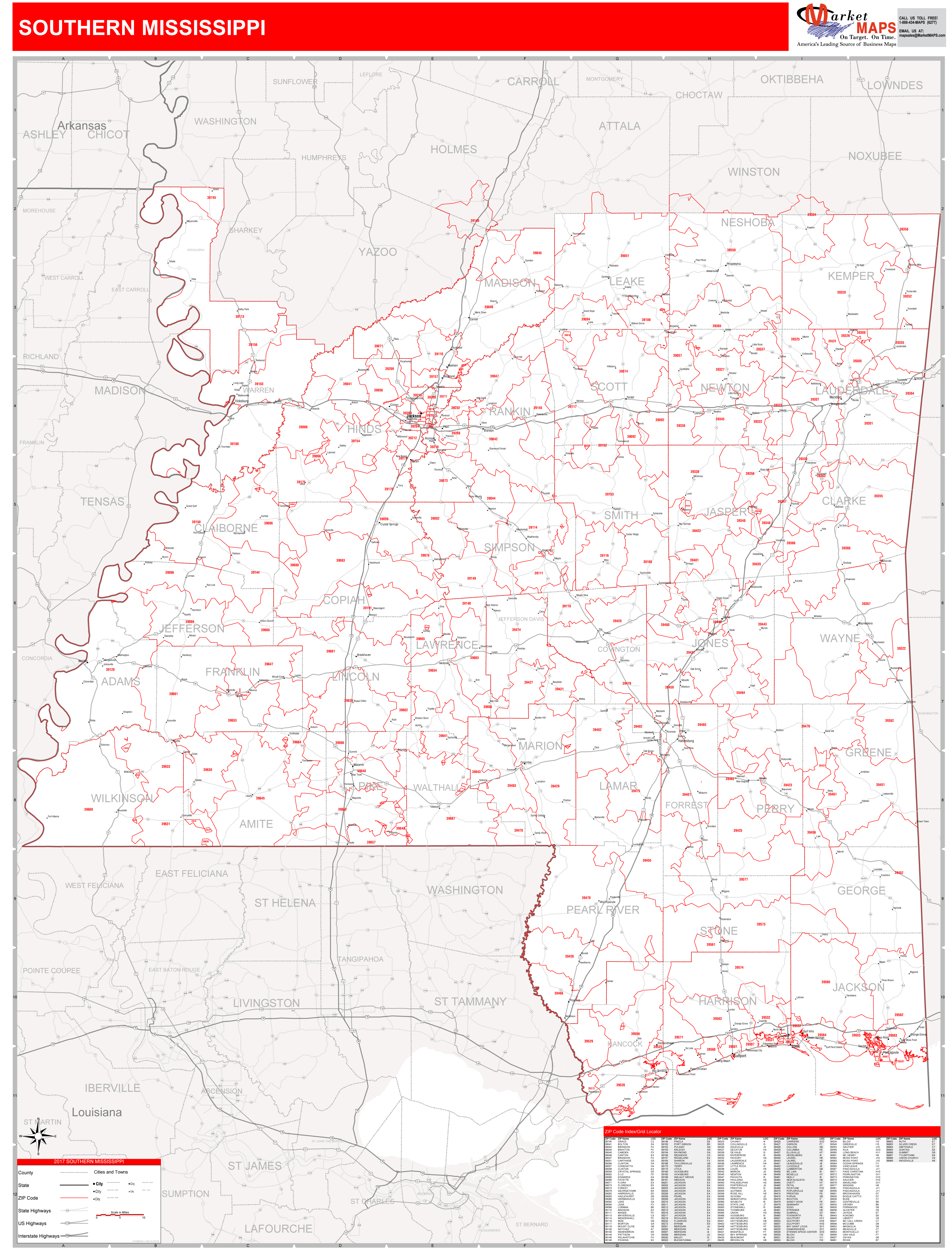 Mississippi Southern Wall Map Red Line Style by MarketMAPS - MapSales