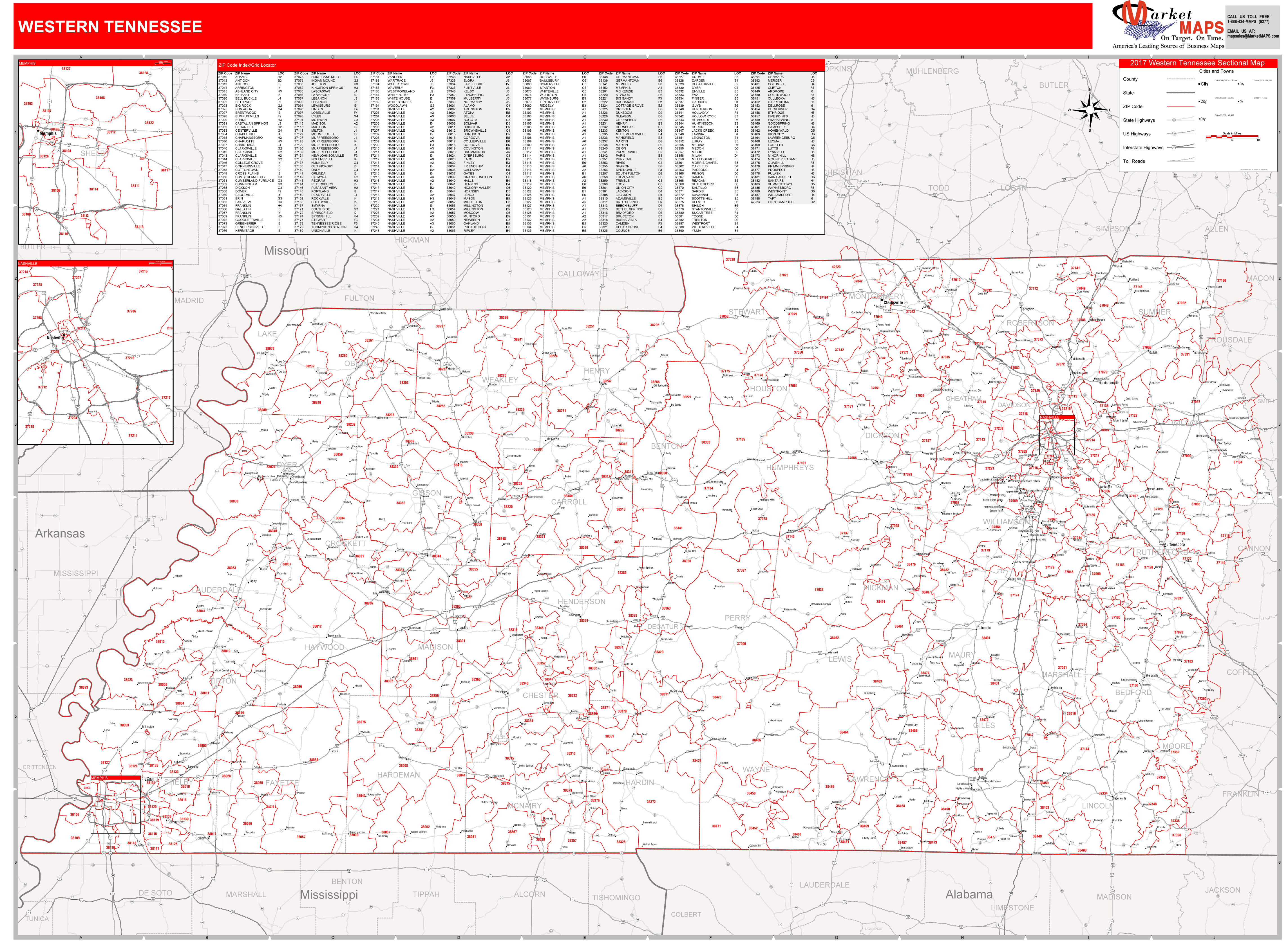 Tennessee Western Wall Map Red Line Style by MarketMAPS - MapSales.com