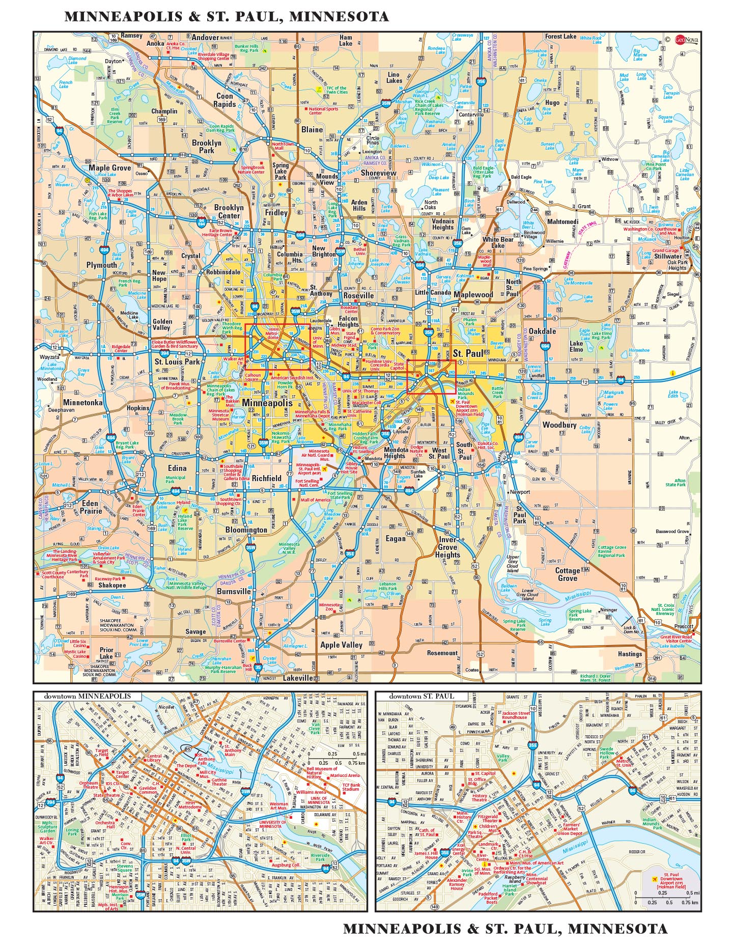 Minneapolis and St. Paul, MN Wall Map by GeoNova - MapSales