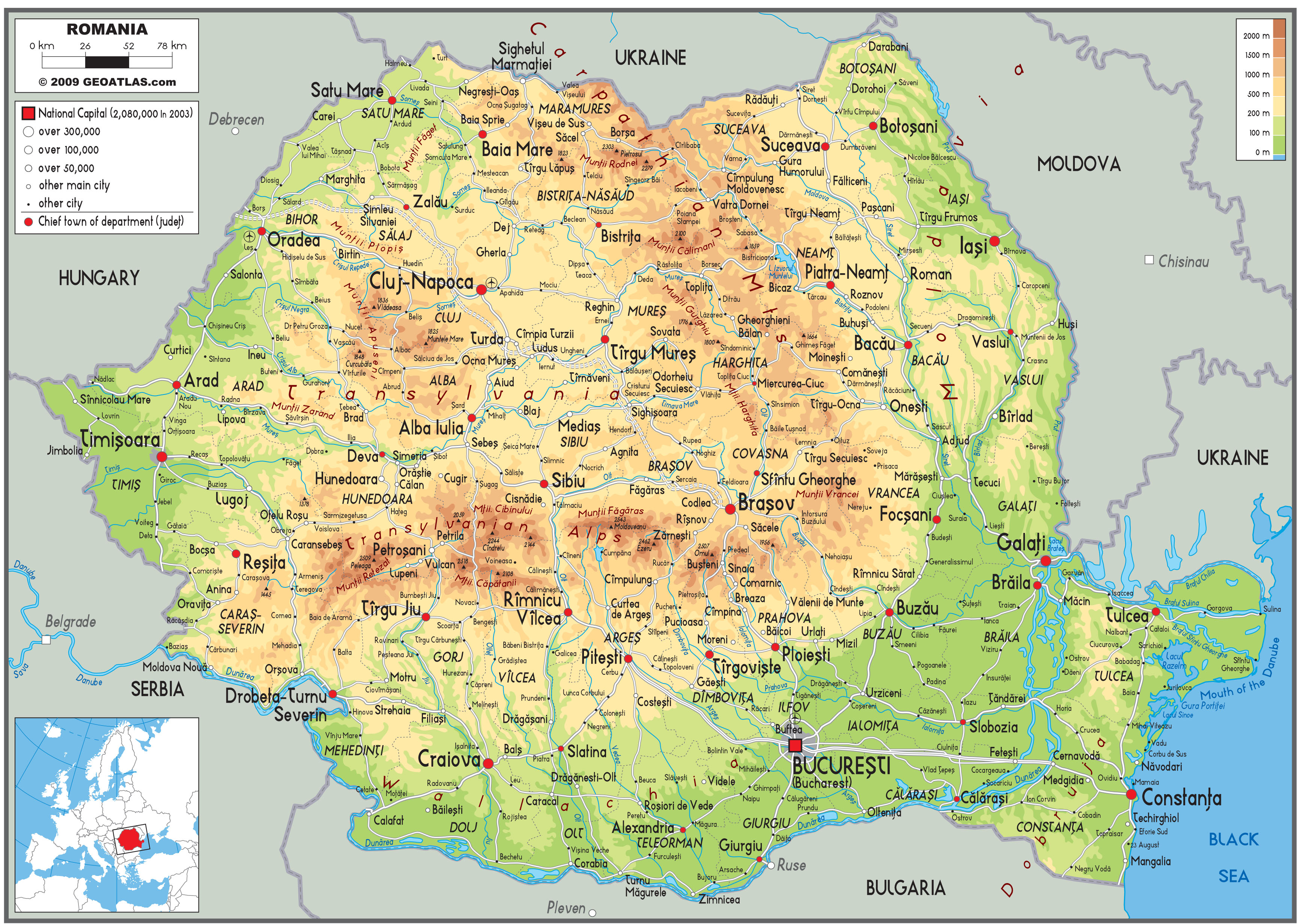 Romania Physical Wall Map by GraphiOgre - MapSales