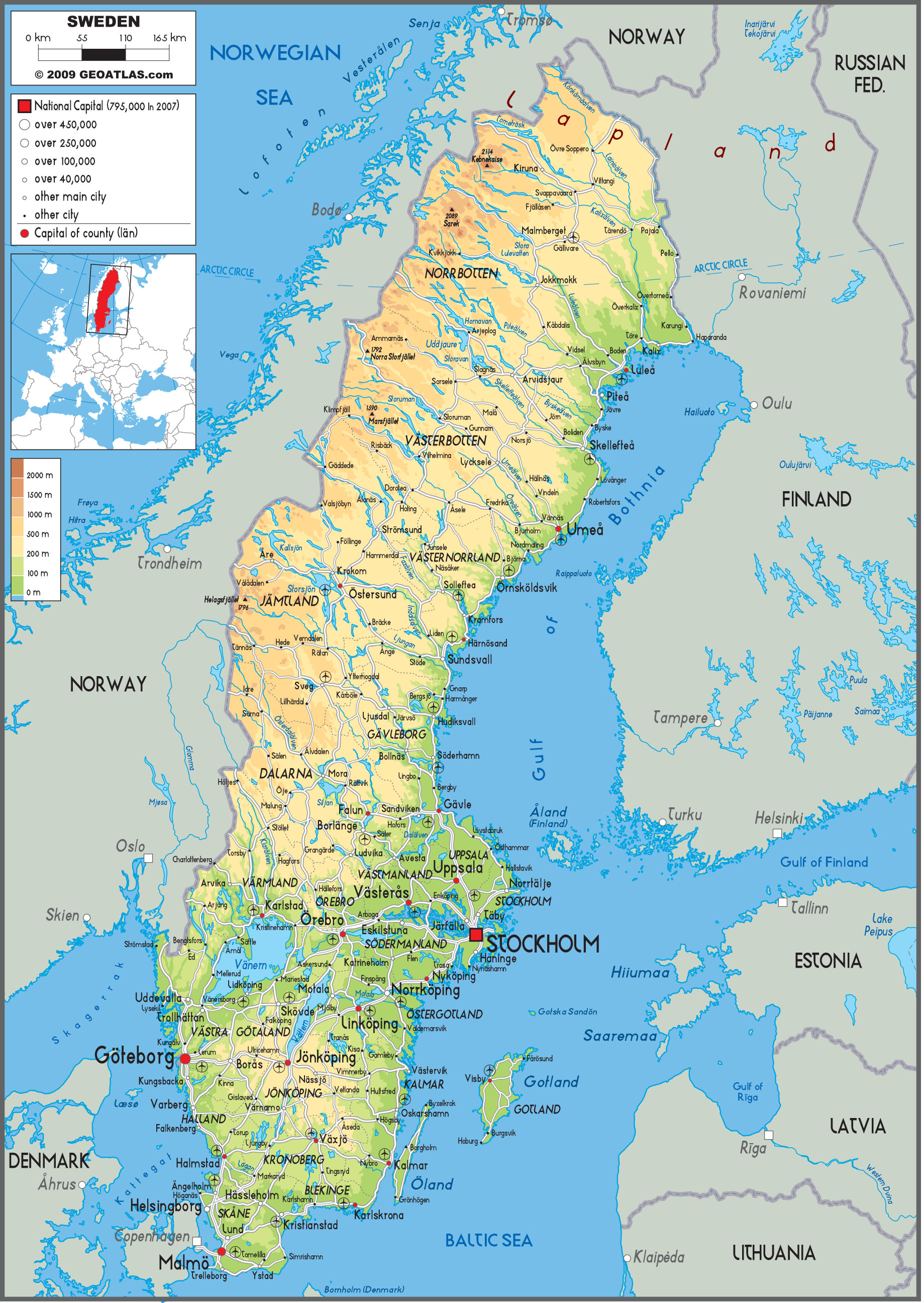 Sweden Physical Wall Map by GraphiOgre