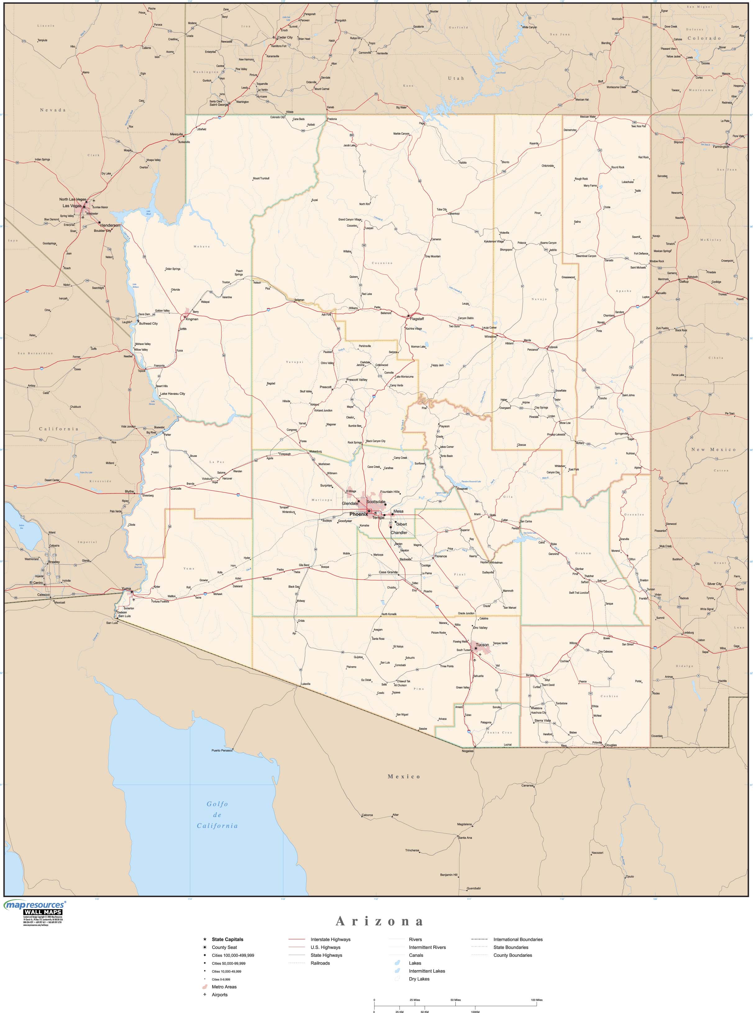 Arizona Wall Map with Roads by Map Resources - MapSales