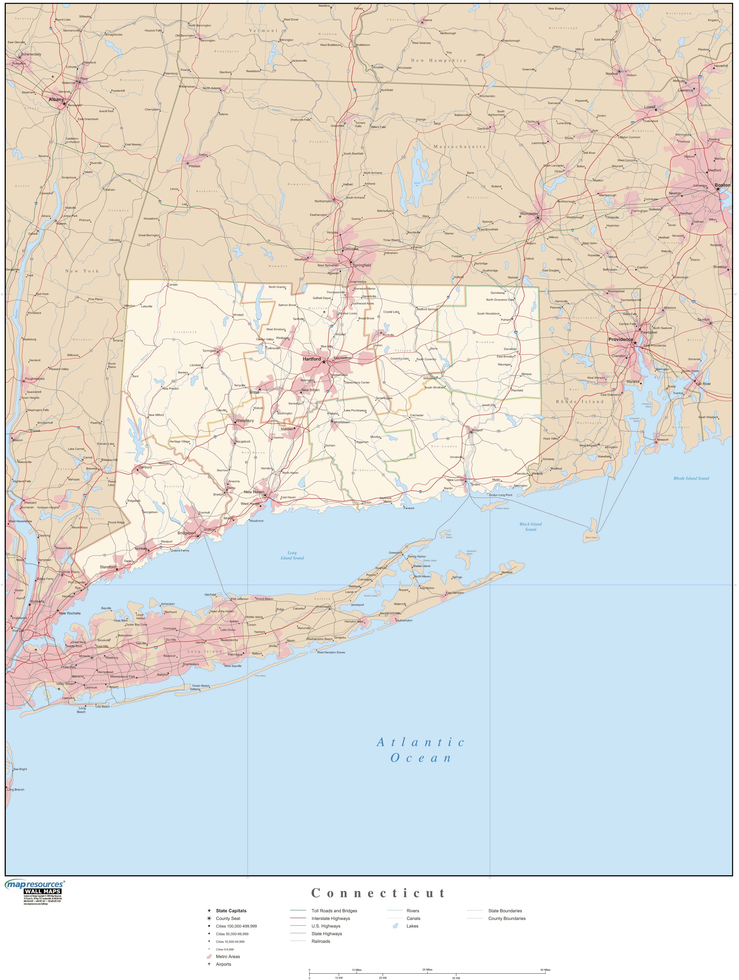 Connecticut Wall Map with Roads by Map Resources - MapSales