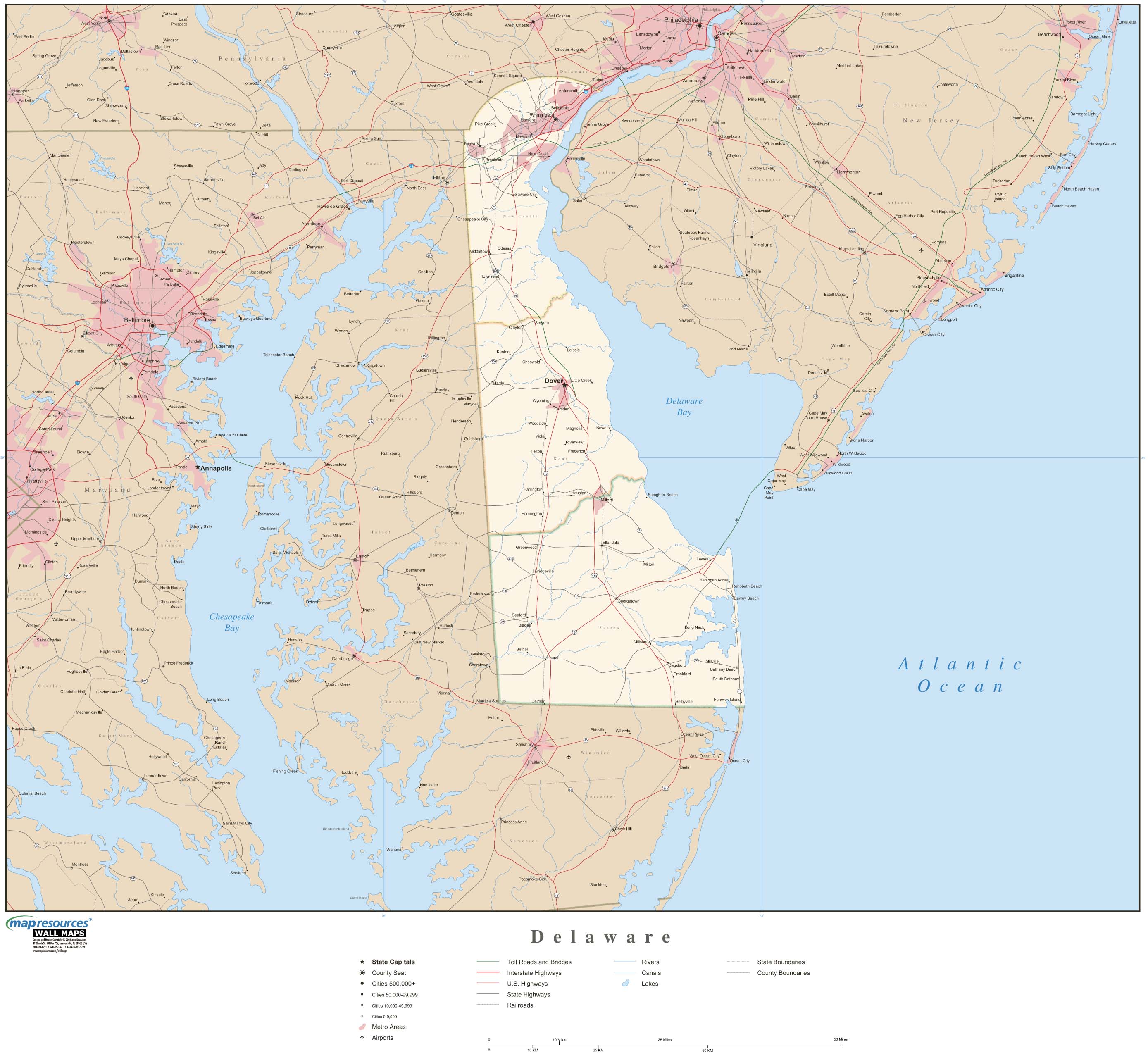 Delaware Wall Map with Roads by Map Resources - MapSales