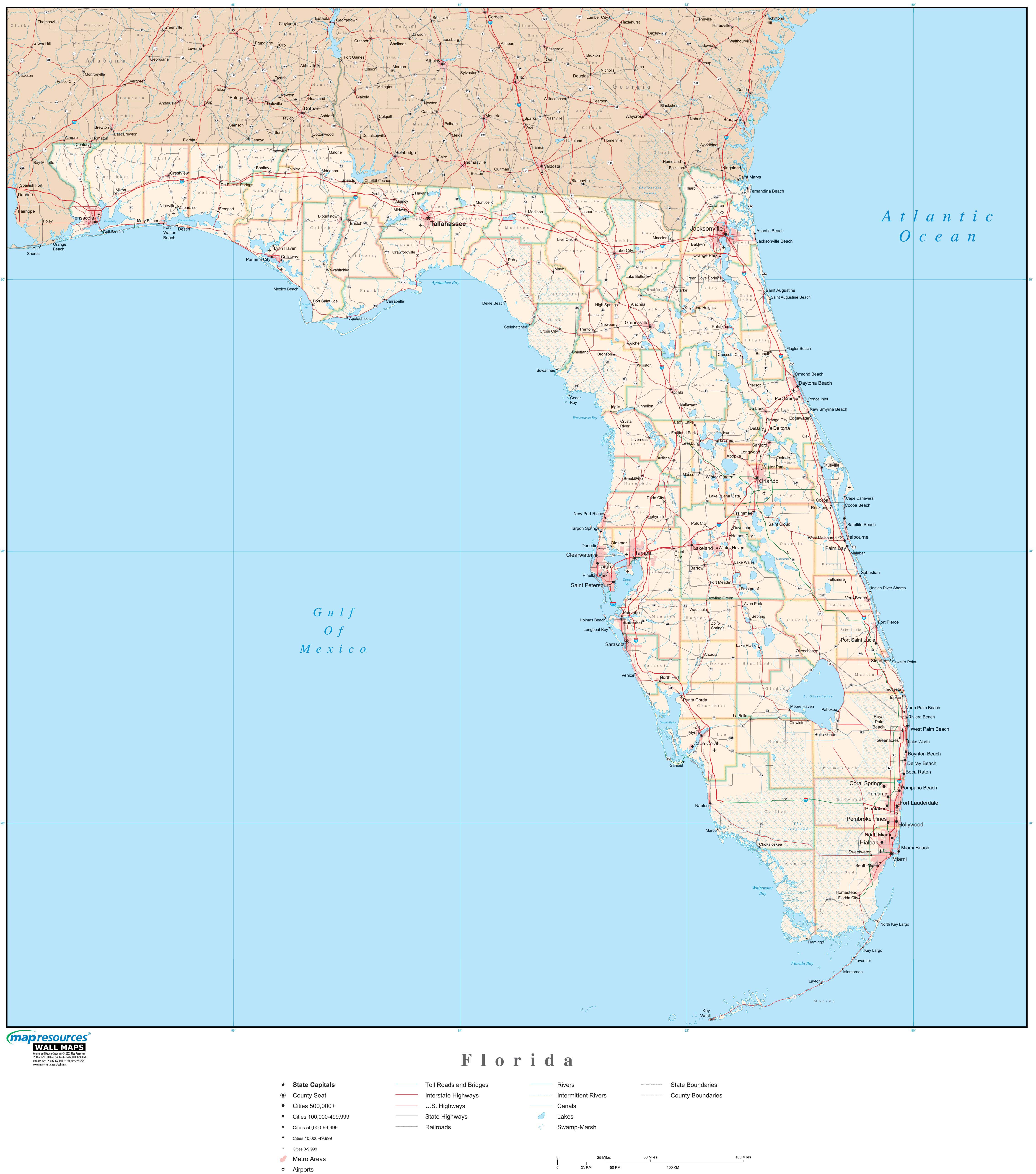 Florida Wall Map with Roads by Map Resources - MapSales